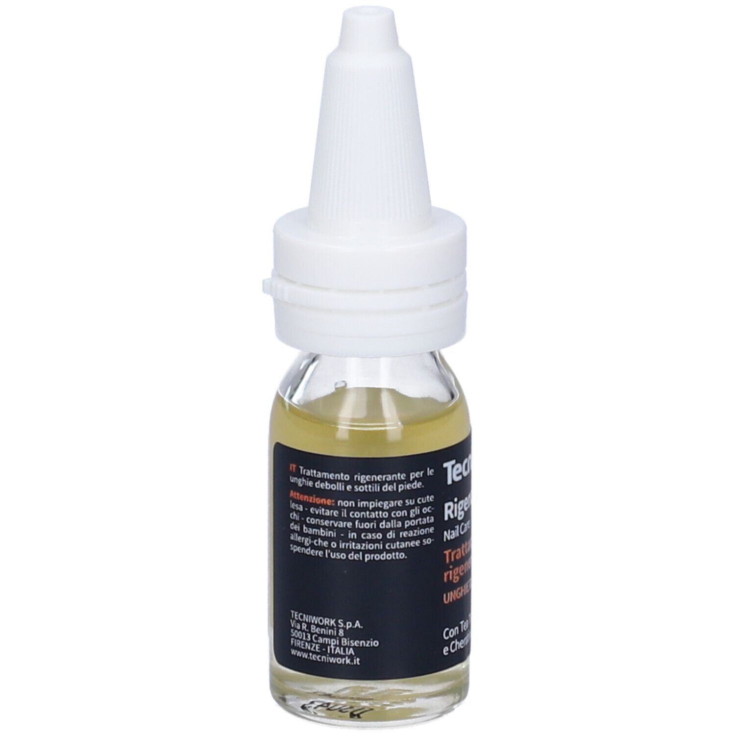 Piccolo flacone con tappo bianco. Scritta: "TecniWork Rigenamed Plus".