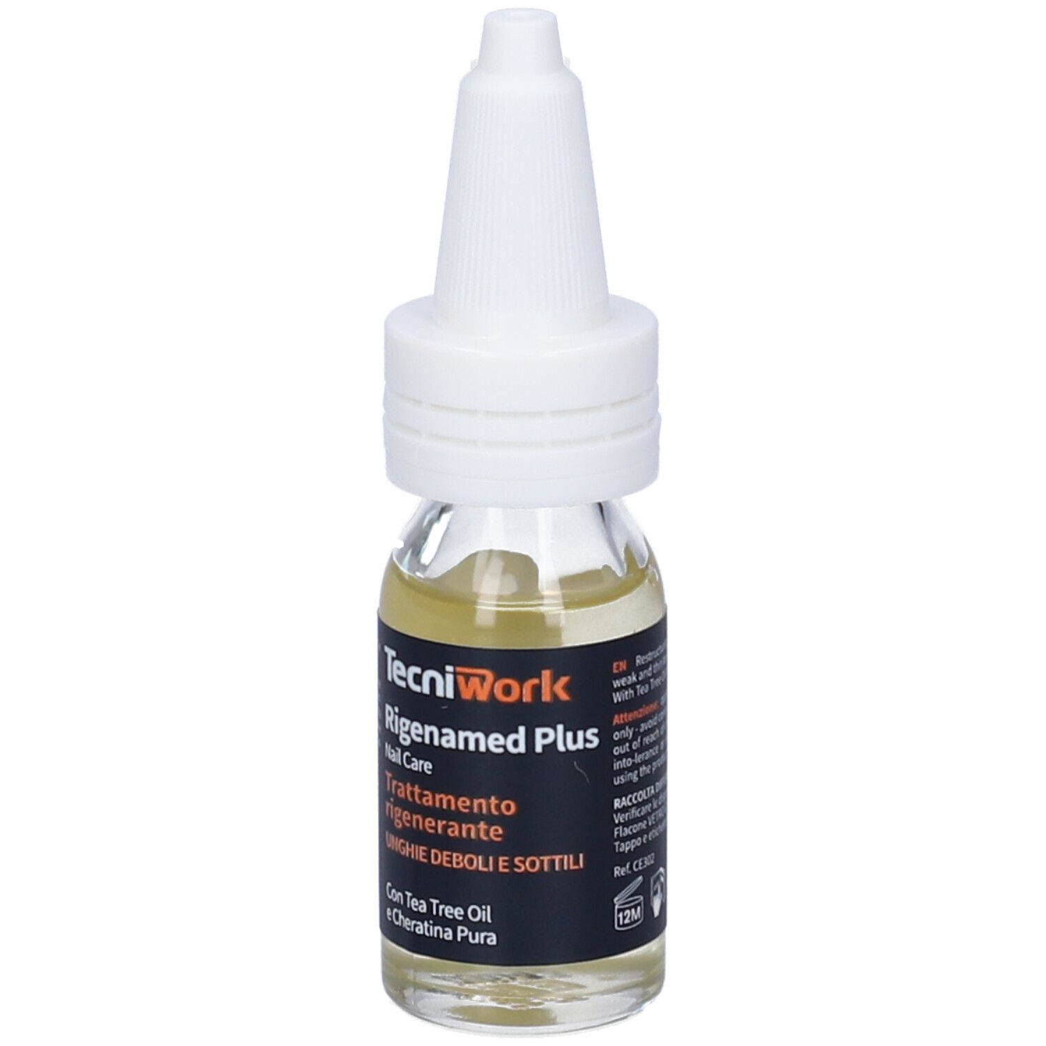 Piccolo flacone con tappo bianco. Scritta: "TecniWork Rigenamed Plus".