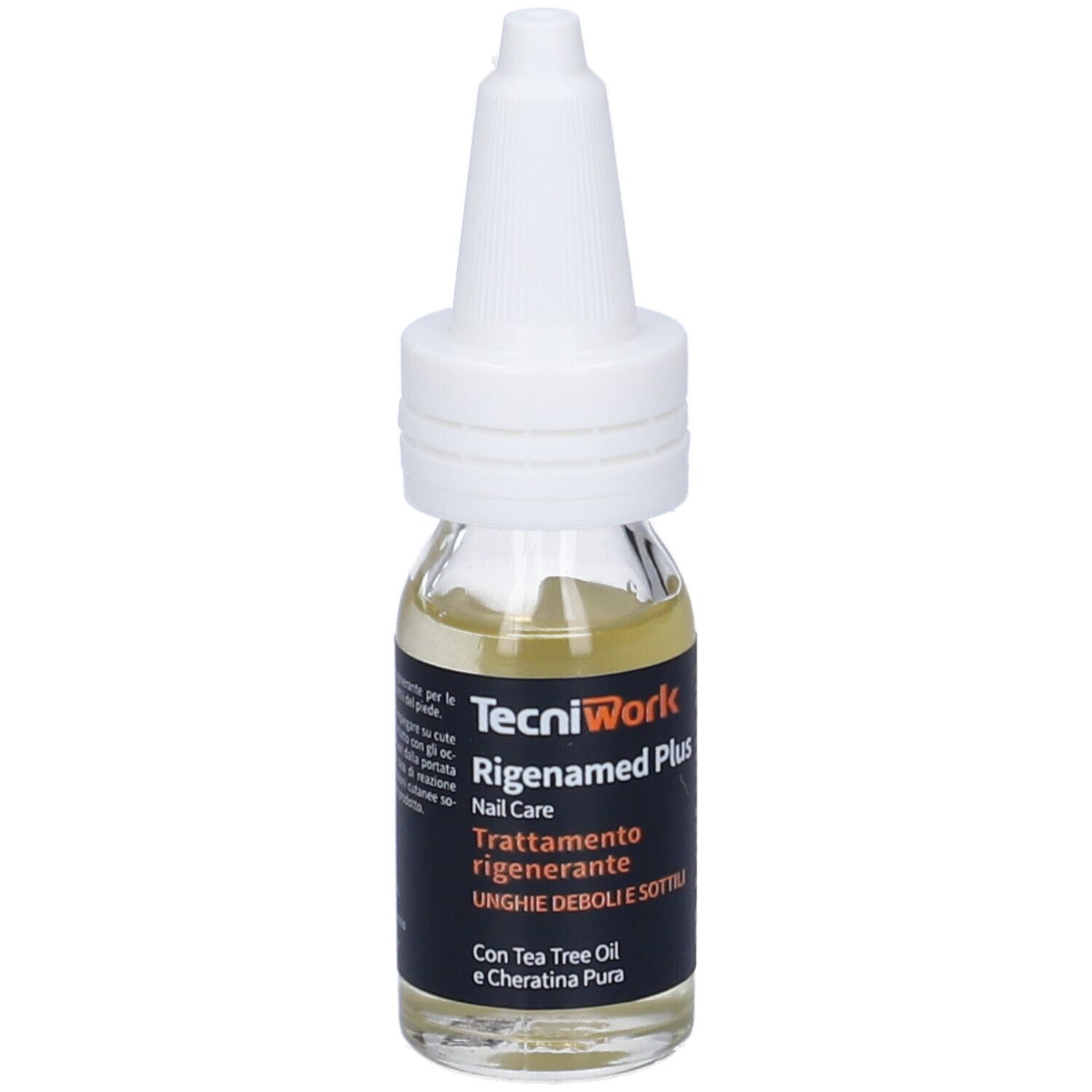 Piccolo flacone con tappo bianco. Scritta: "TecniWork Rigenamed Plus".