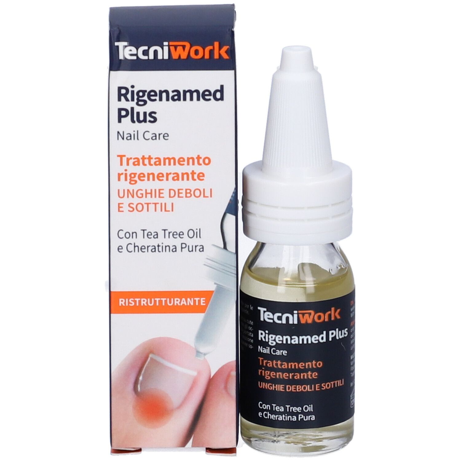 Flacone e scatola. Sulla scatola è scritto "TecniWork Rigenamed Plus".