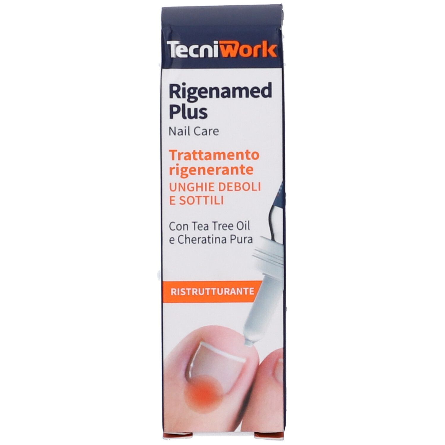 Scatola con "TecniWork Rigenamed Plus". Illustrazione di un'unghia.