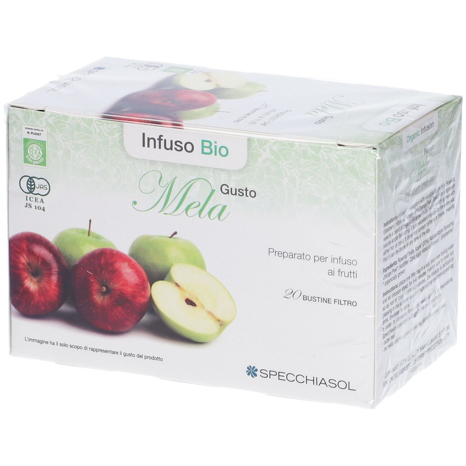 Scatola "Infuso Bio Mela Gusto". Mele illustrate. Logo Specchiasol. 20 bustine filtro.