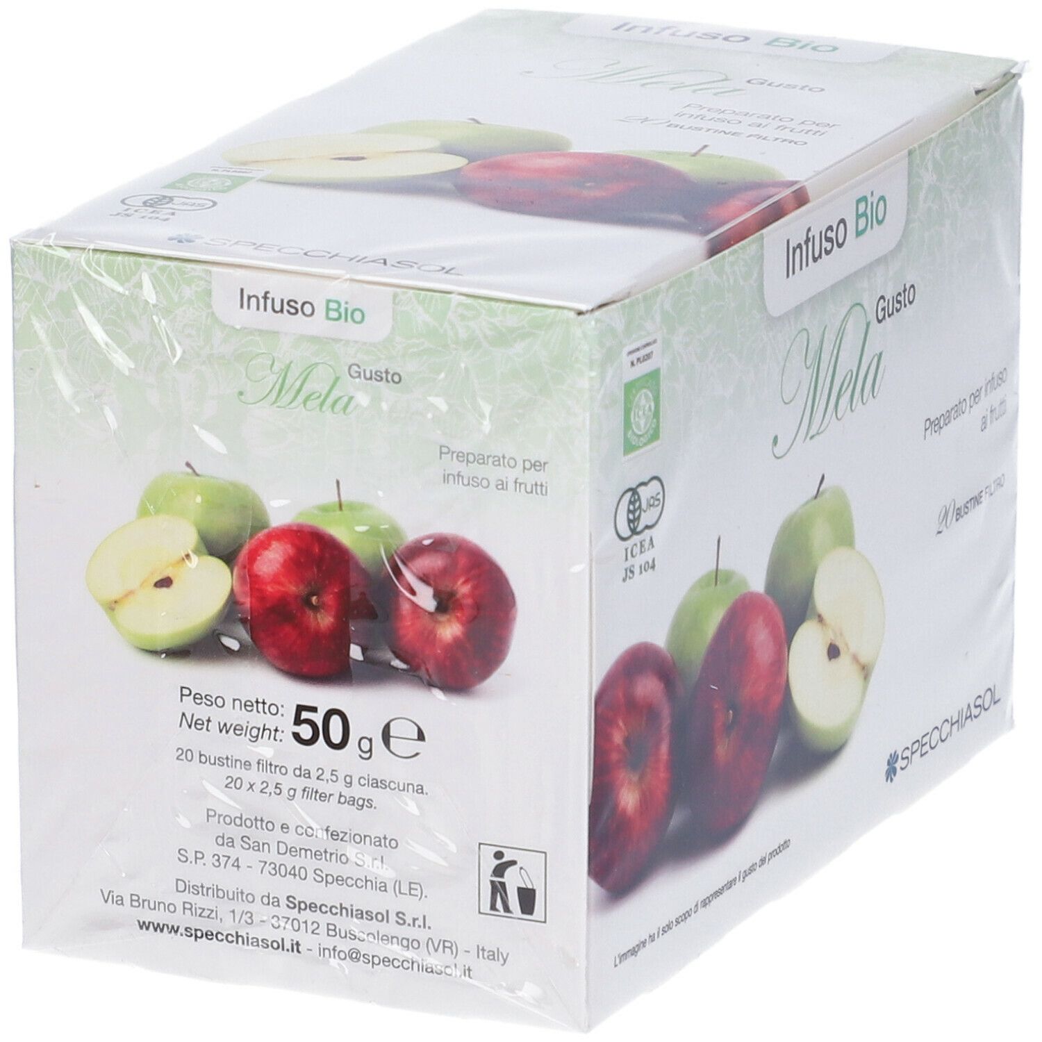 Scatola "Infuso Bio Mela Gusto" in film. Mele illustrate. Logo Specchiasol. 50g. 20 bustine.
