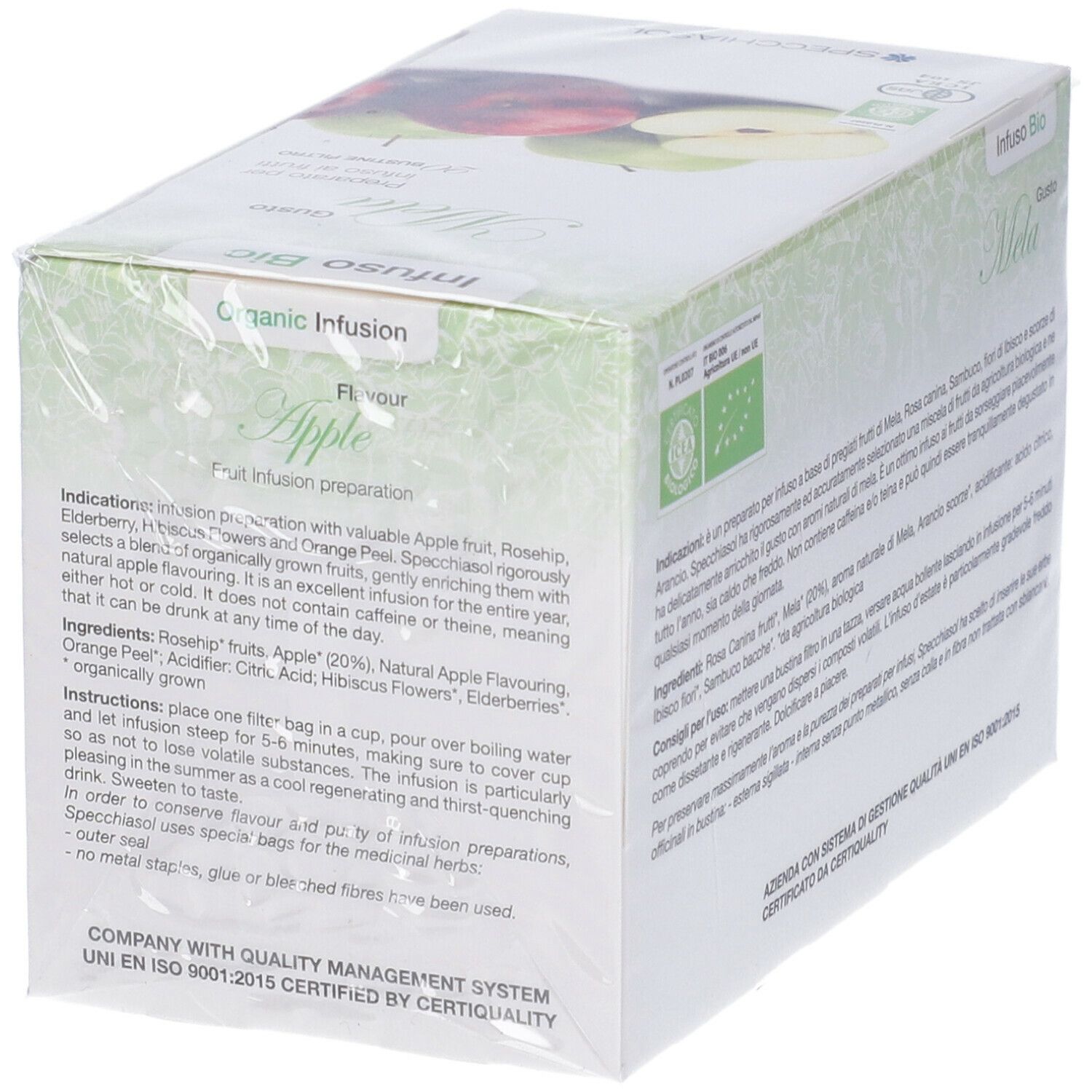Scatola "Infuso Bio Mela Gusto" in film. Testo, ingredienti, certificazioni. Logo Specchiasol.