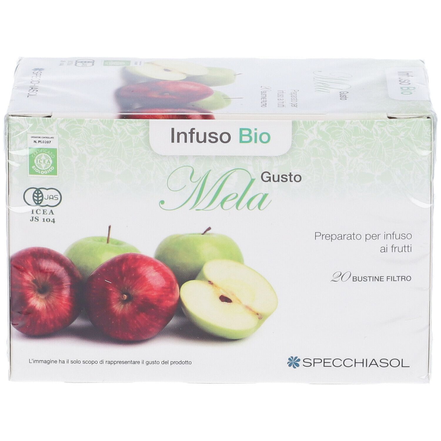 Scatola "Infuso Bio Mela Gusto". Mele illustrate. Logo Specchiasol. 20 bustine filtro.
