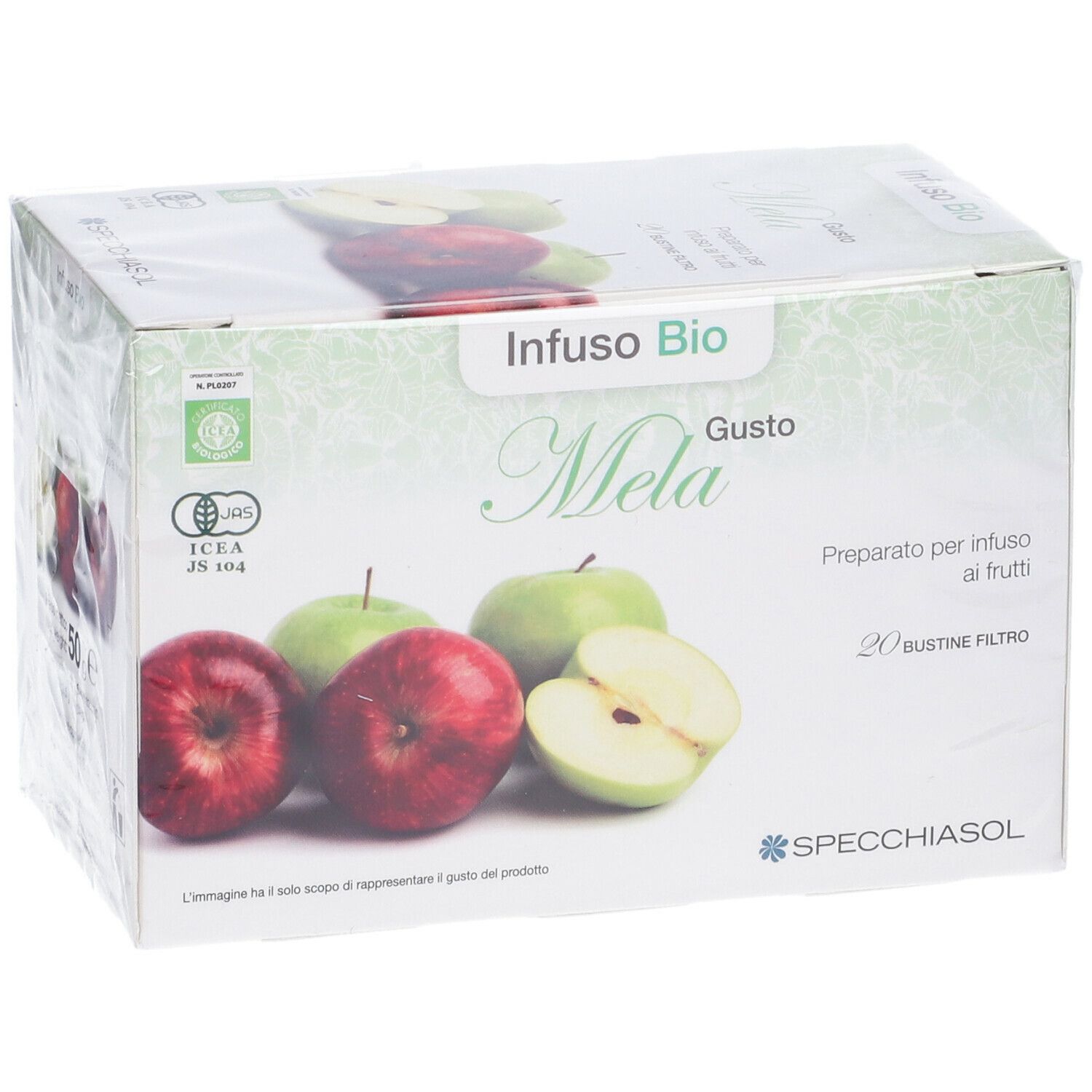 Scatola "Infuso Bio Mela Gusto". Mele illustrate. Logo Specchiasol. 20 bustine filtro.
