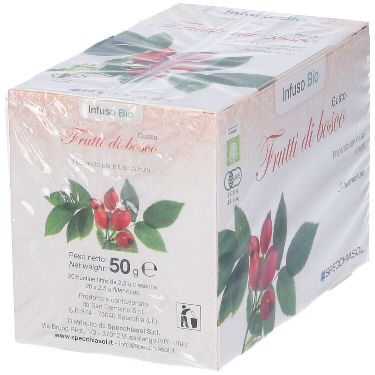 Confezione "Infuso Bio Frutti di bosco". 50g. Immagine di frutti e foglie. Marchio Specchiasol. 20 bustine filtro.