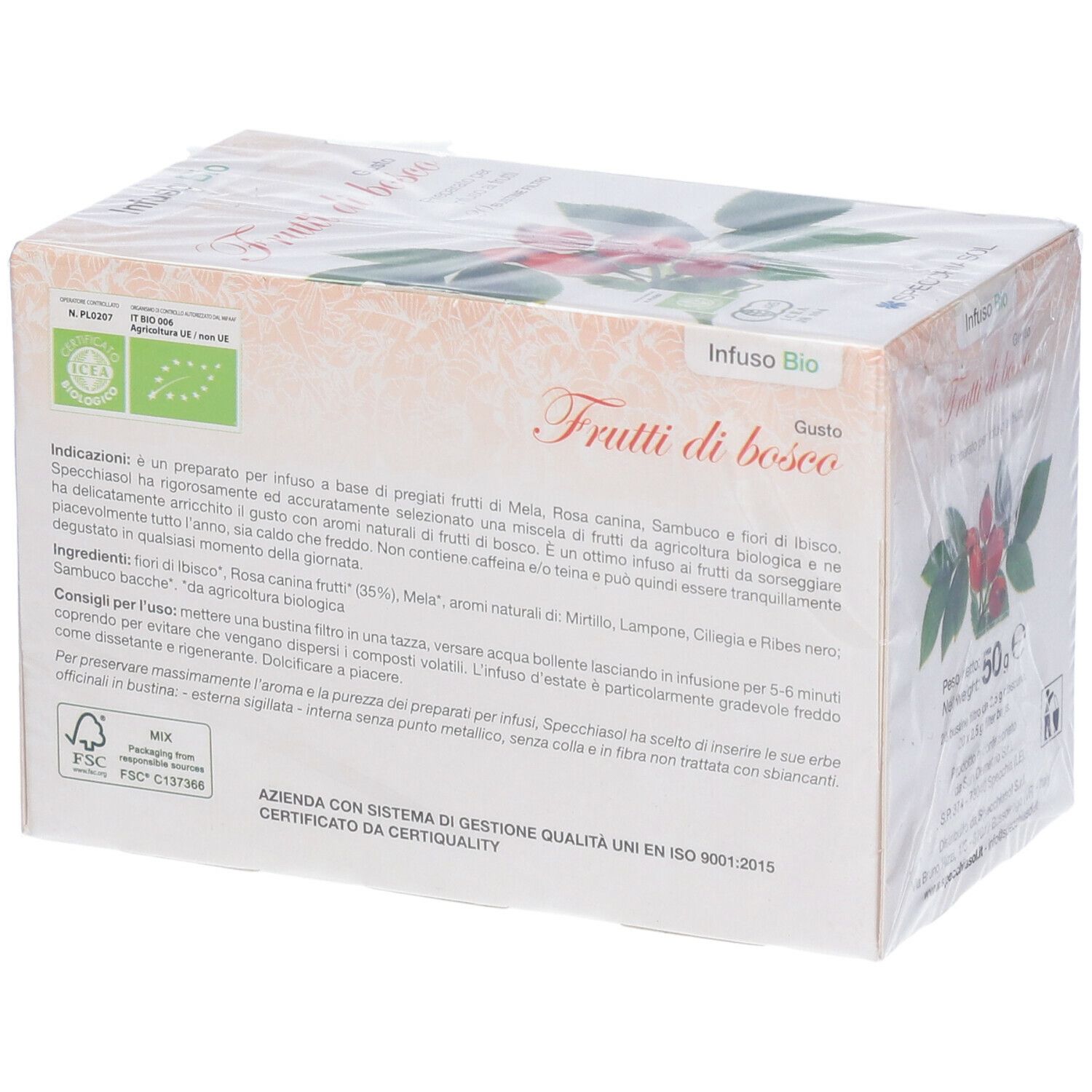 Confezione "Infuso Bio Frutti di bosco". Testo e immagine di frutti e foglie. Marchio Specchiasol. Certificazione.