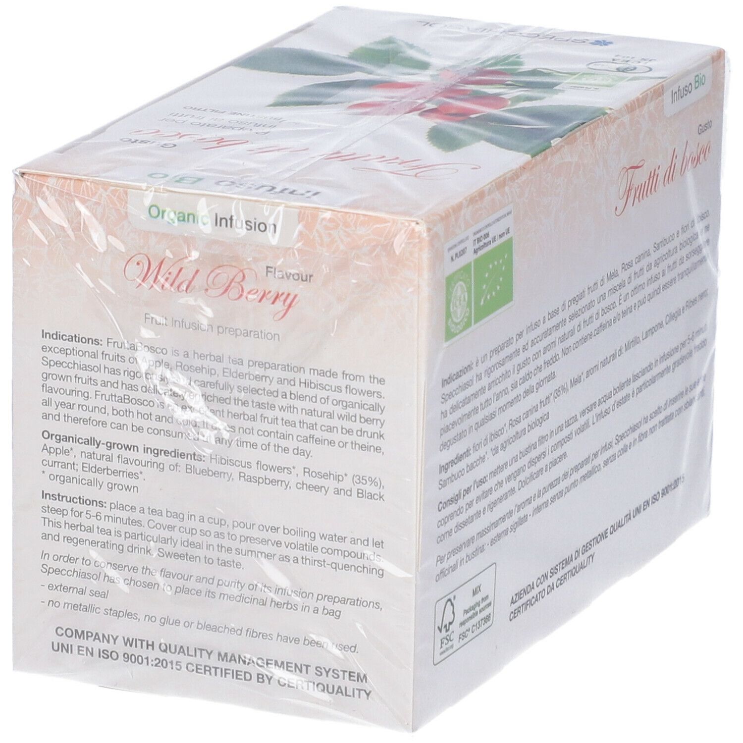 Confezione "Organic Infusion Wild Berry". Testo e immagine di frutti. Marchio Specchiasol. Certificazione.