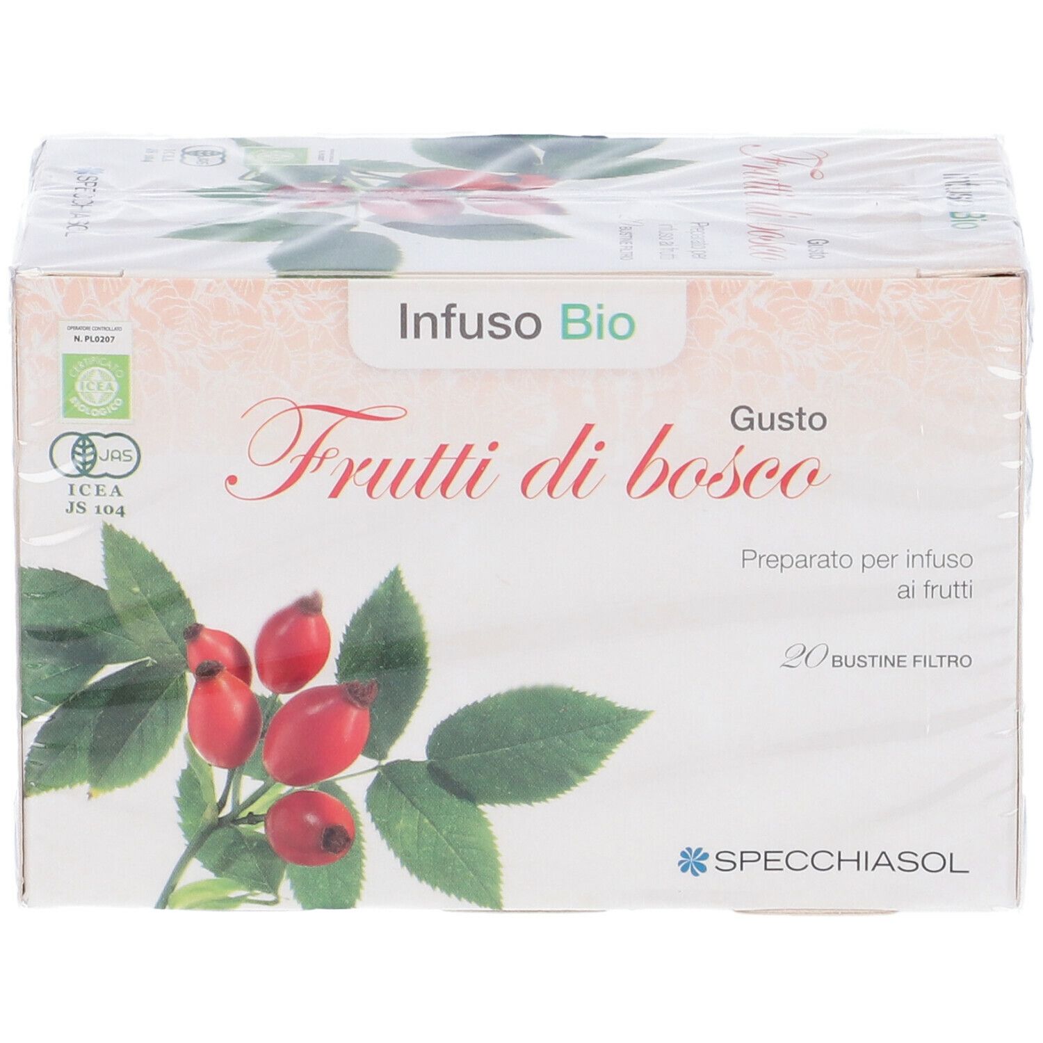 Confezione "Infuso Bio Frutti di bosco". Immagine di frutti e foglie. Marchio Specchiasol. 20 bustine filtro.