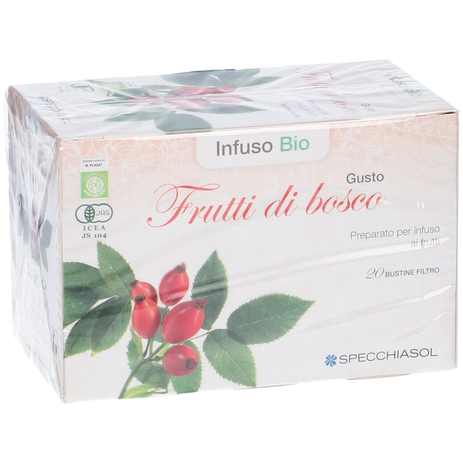 Confezione "Infuso Bio Frutti di bosco". Immagine di frutti e foglie. Marchio Specchiasol. 20 bustine filtro.
