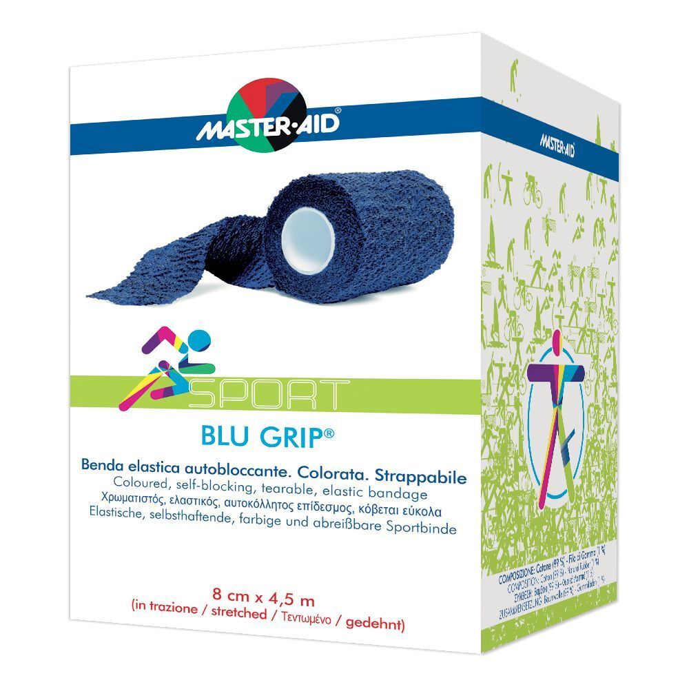 Benda sport blu in confezione. Marchio MASTER-AID, nome BLU GRIP. Dimensioni 8x4,5 m.