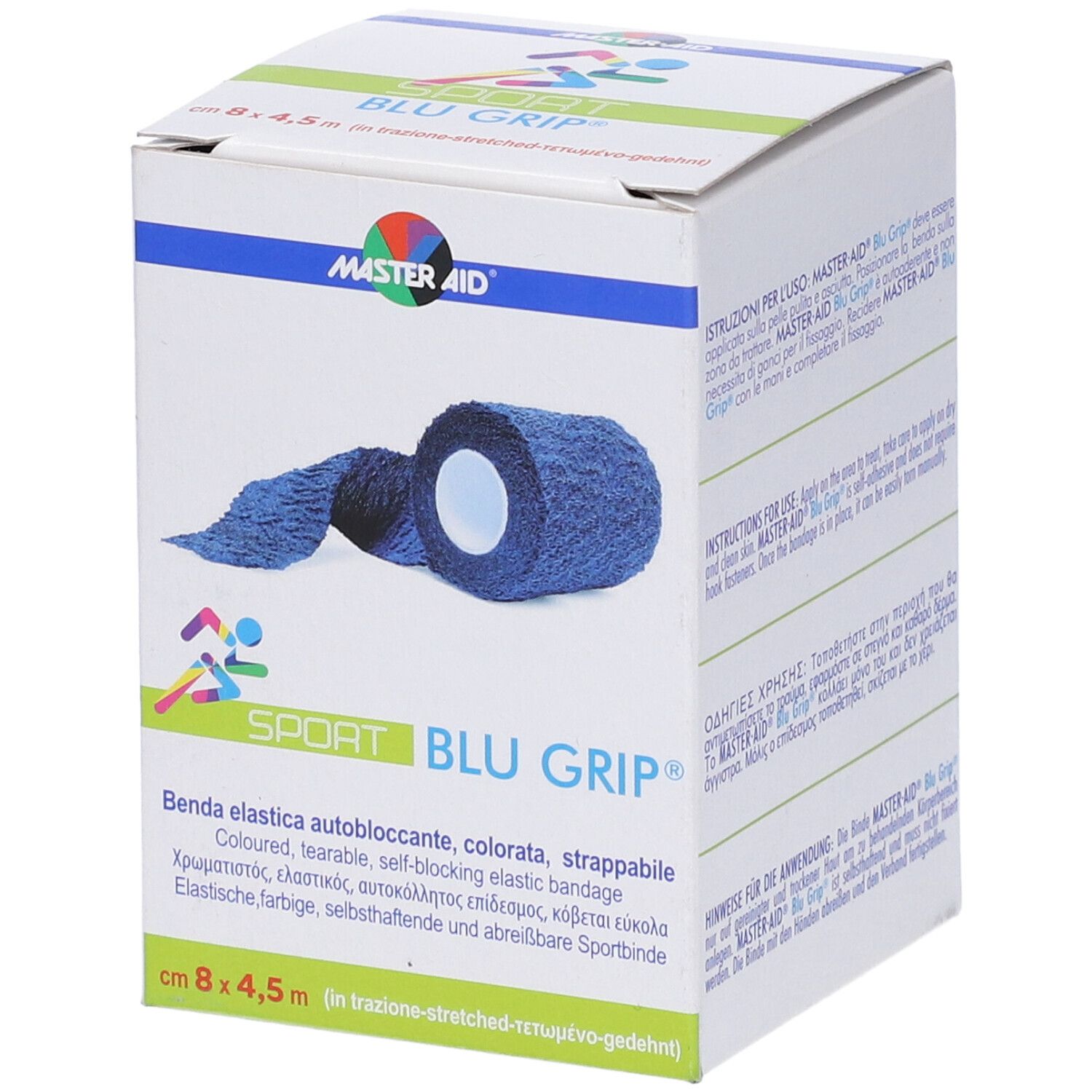 Confezione con benda sport blu. Marchio MASTER-AID, nome BLU GRIP. Dimensioni 8x4,5 m.