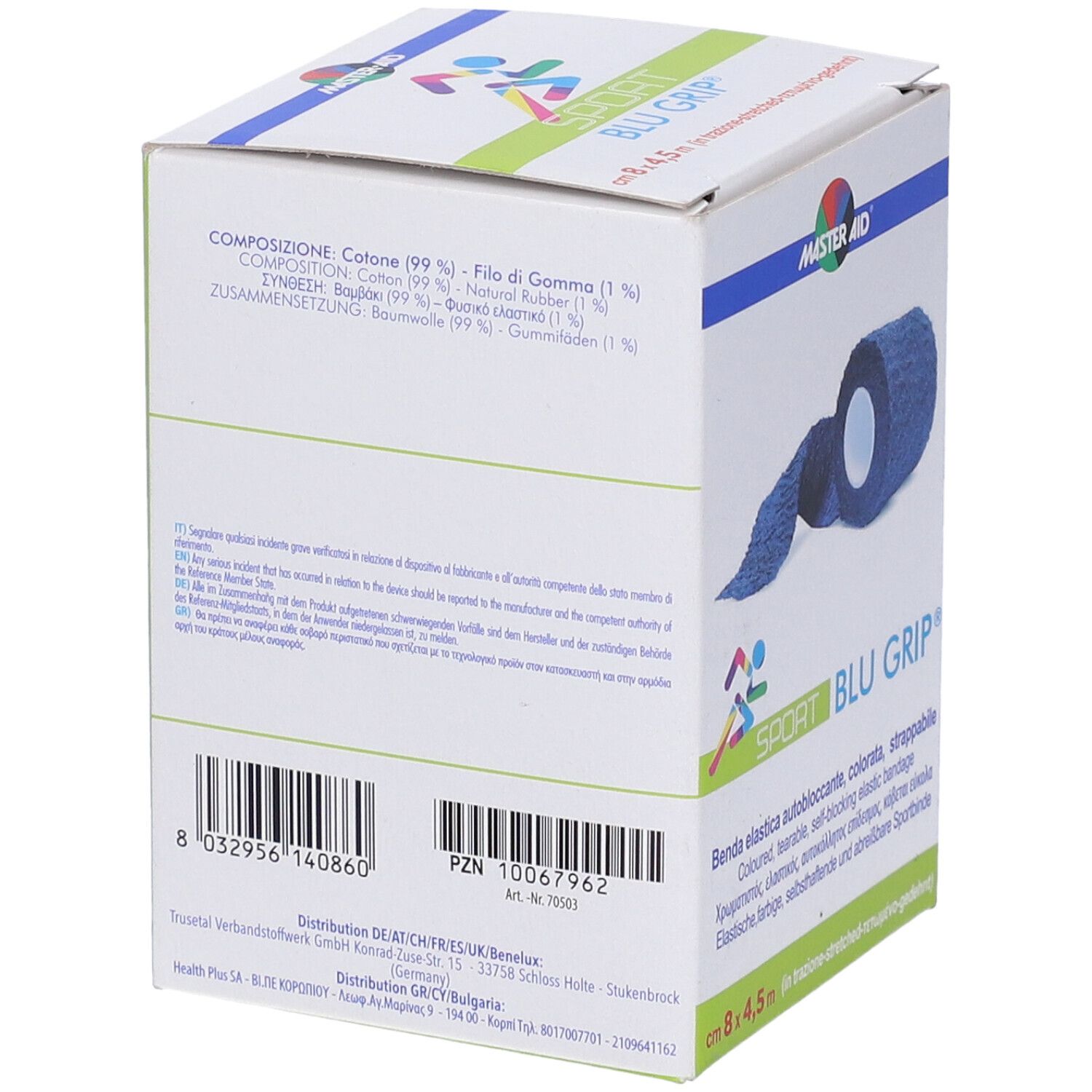 Retro della confezione con composizione e codice a barre. Marchio MASTER-AID, nome BLU GRIP.