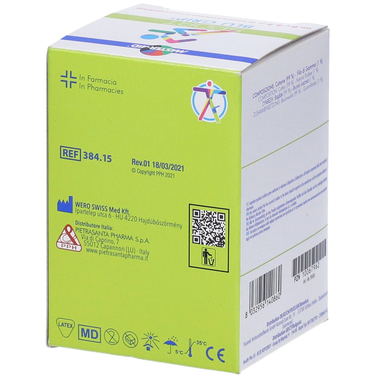 Confezione con informazioni. Marchio MASTER-AID, nome BLU GRIP. Con codice QR e certificazioni.