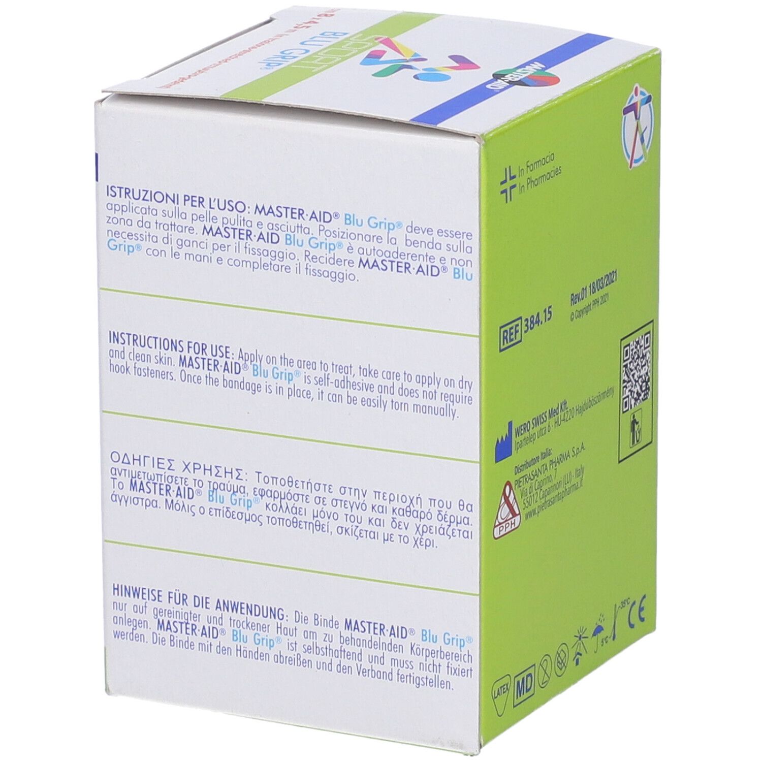 Confezione con istruzioni per l'uso. Marchio MASTER-AID, nome BLU GRIP. Testo multilingue.
