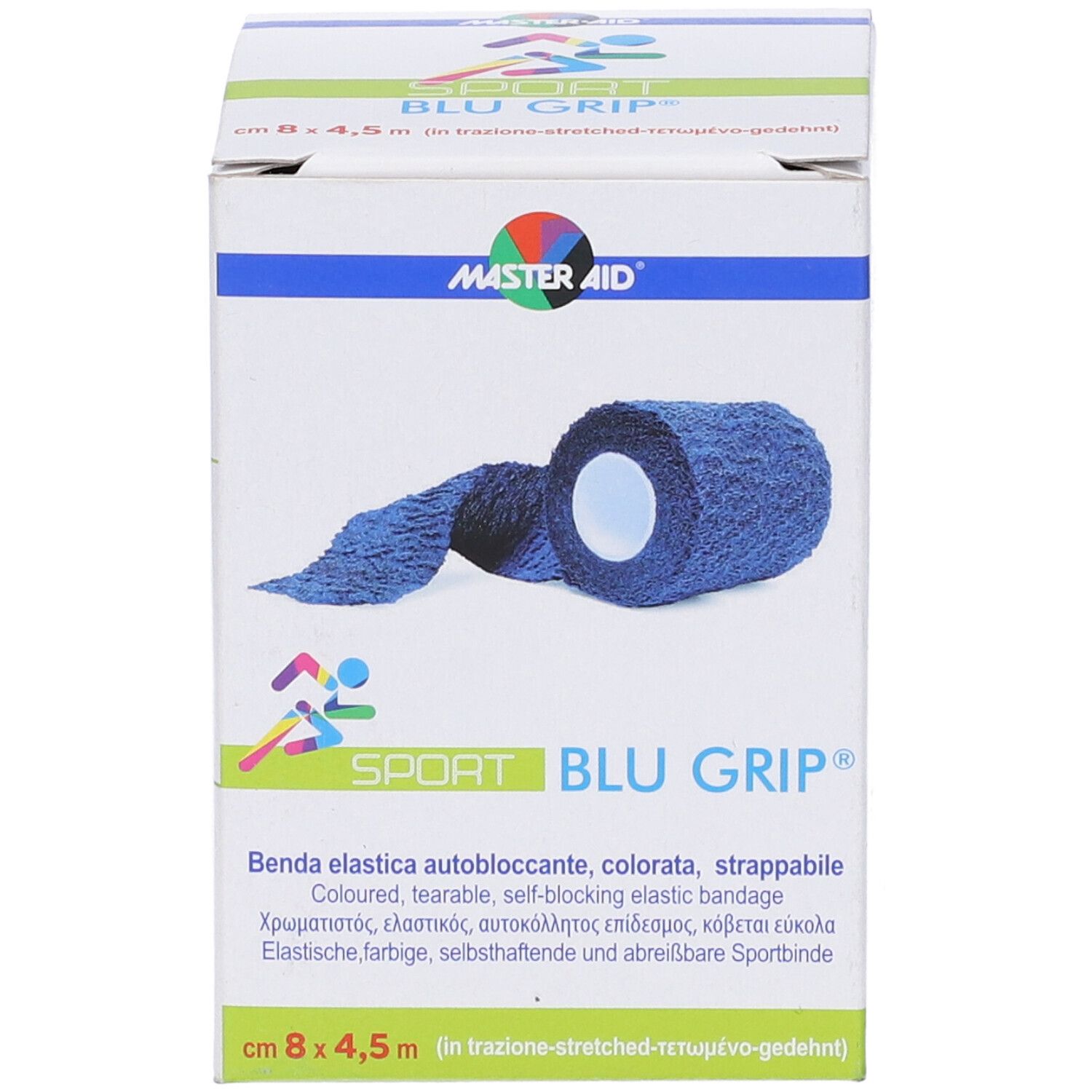 Confezione con benda sport blu. Marchio MASTER-AID, nome BLU GRIP. Dimensioni 8x4,5 m.