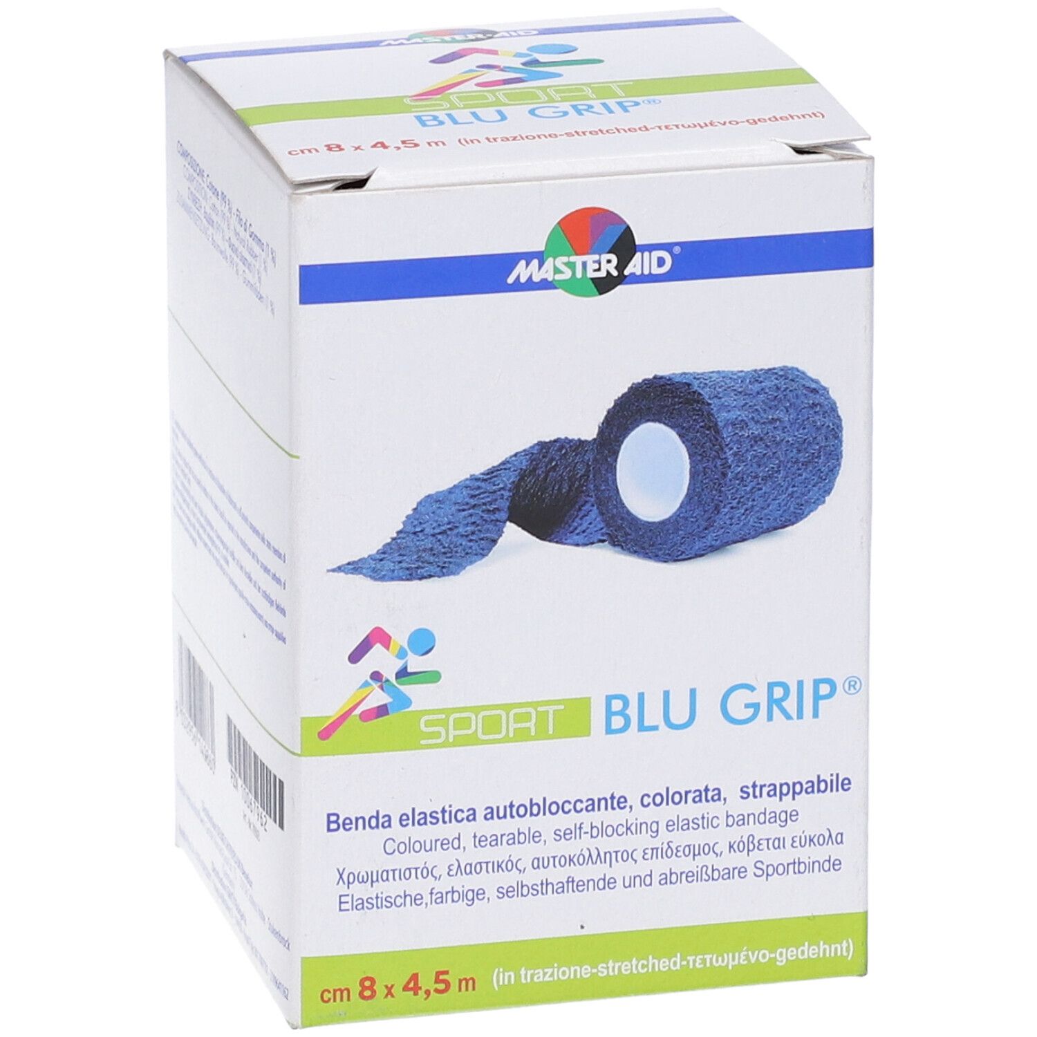 Confezione con benda sport blu. Marchio MASTER-AID, nome BLU GRIP. Dimensioni 8x4,5 m.