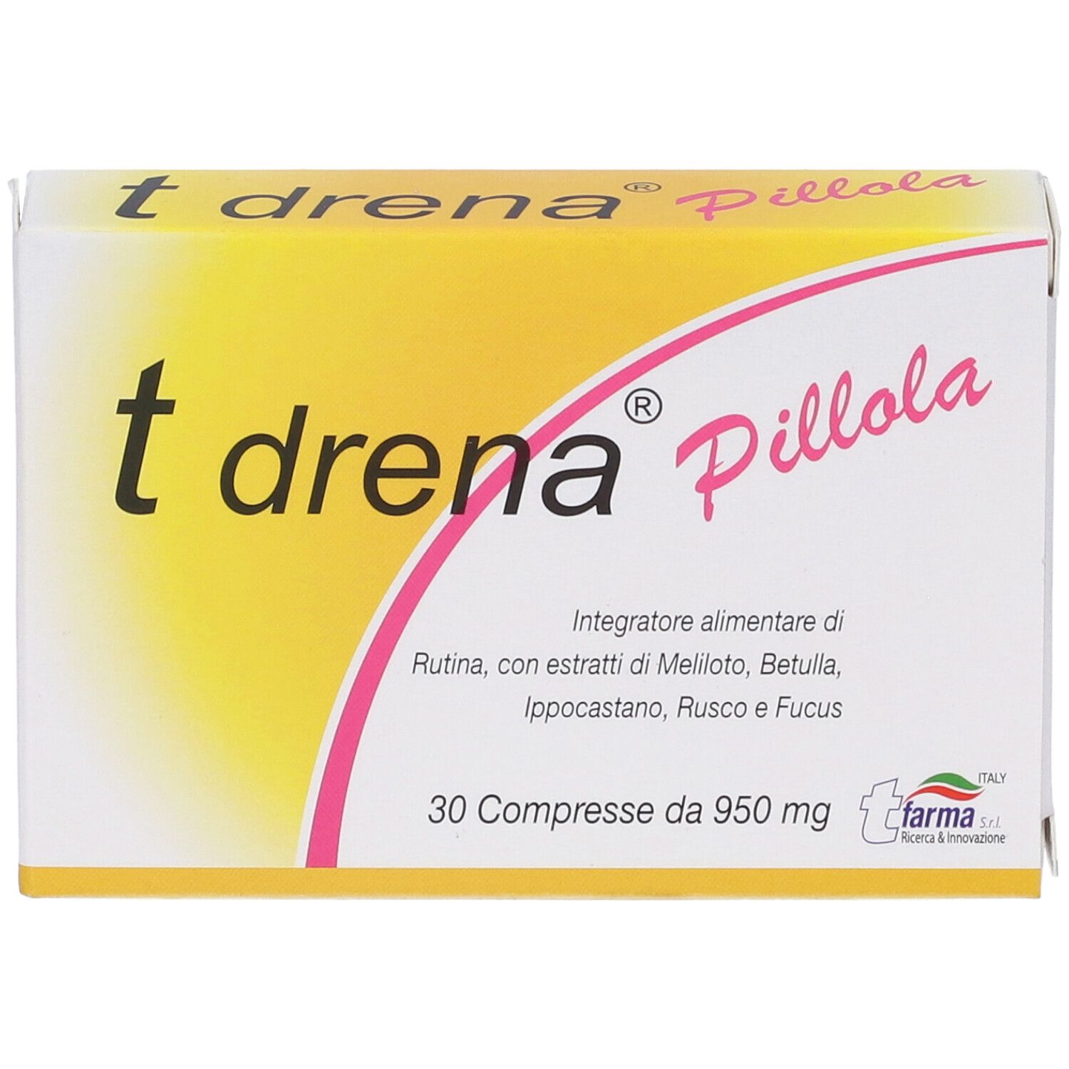 Scatola gialla con accenti rosa. Nome del prodotto e ingredienti visibili.
