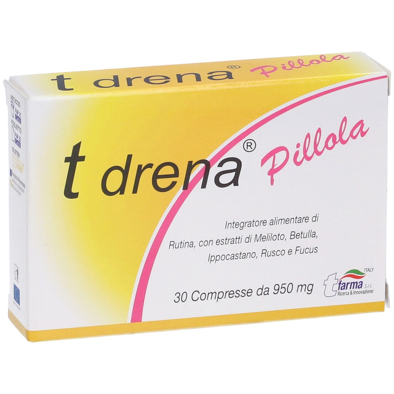 Scatola gialla con accenti rosa. Nome del prodotto e ingredienti visibili.