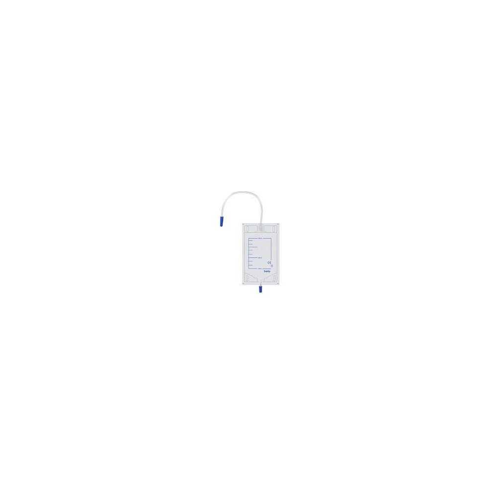 Sacca per drenaggio urinario con tubo e connettore. Materiale bianco con elementi blu.