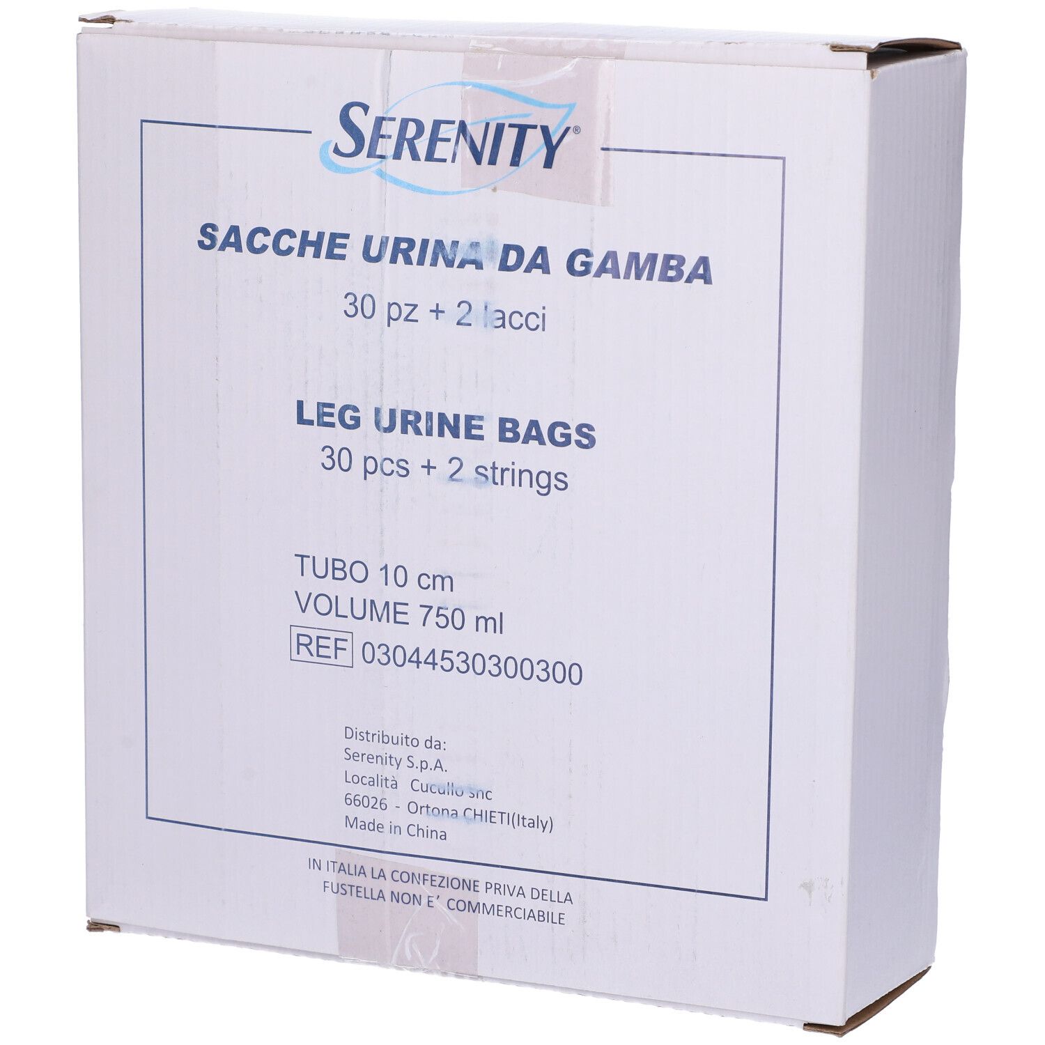 Scatola di sacche urina da gamba. Scritta: Serenity, Sacche Urina da Gamba, 30 pz + 2 lacci, tubo 10 cm, 750 ml.
