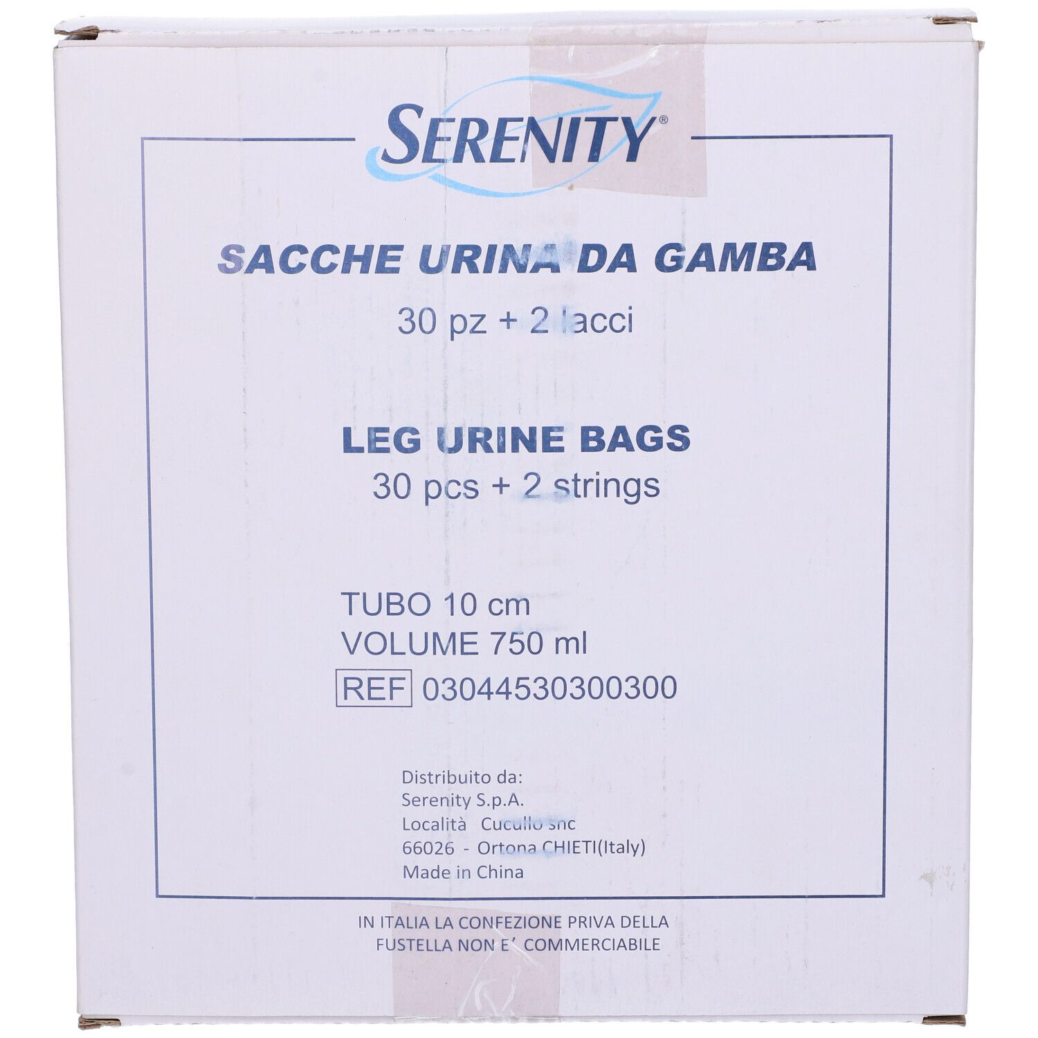 Scatola di sacche urina da gamba. Scritta: Serenity, Sacche Urina da Gamba, 30 pz + 2 lacci, tubo 10 cm, 750 ml.