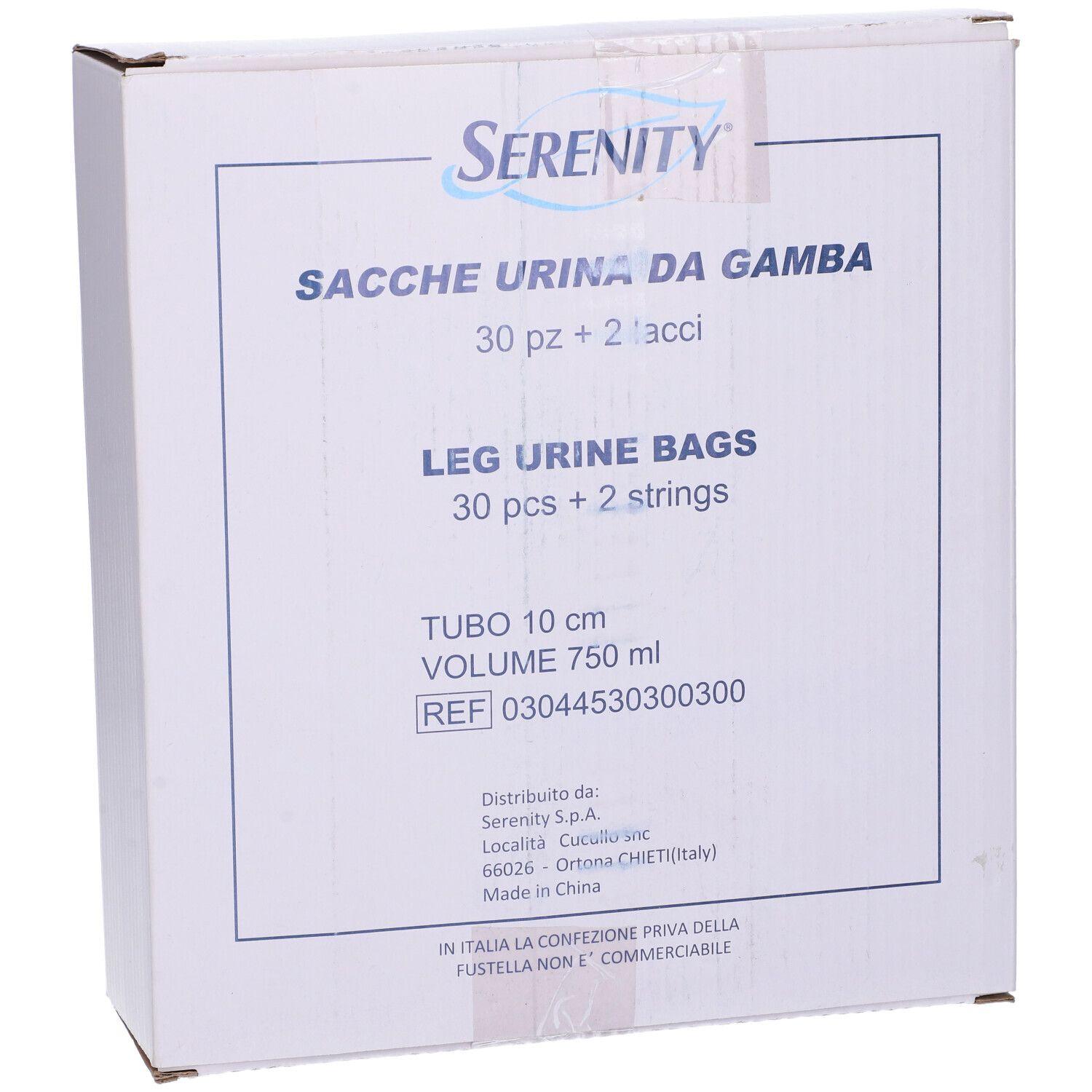 Scatola di sacche urina da gamba. Scritta: Serenity, Sacche Urina da Gamba, 30 pz + 2 lacci, tubo 10 cm, 750 ml.