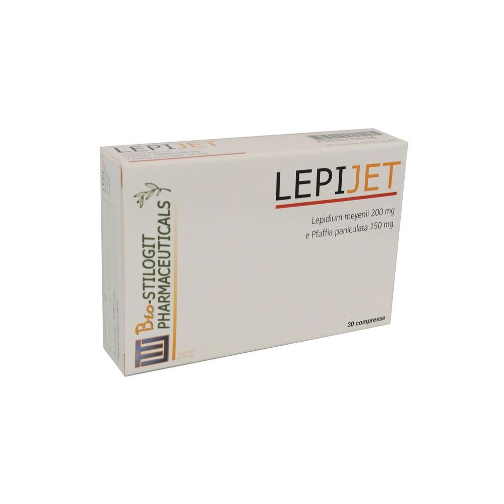 Scatola bianca con logo LEPIJET e informazioni sul prodotto. Contiene 30 compresse. Logo Bio-Stilogit Pharmaceuticals.