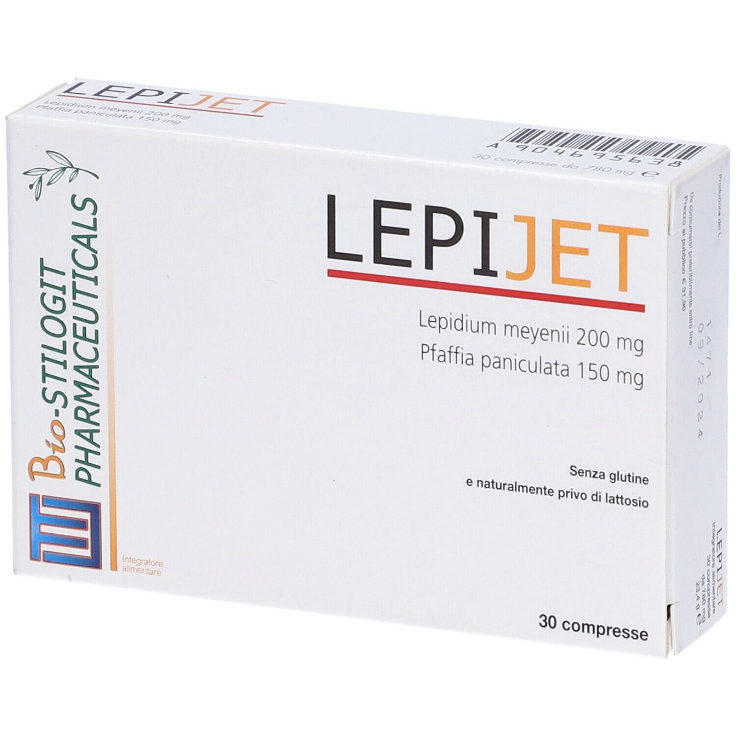 Scatola bianca con logo LEPIJET e informazioni sul prodotto. Contiene 30 compresse. Senza glutine e senza lattosio. Logo Bio-Stilogit Pharmaceuticals.