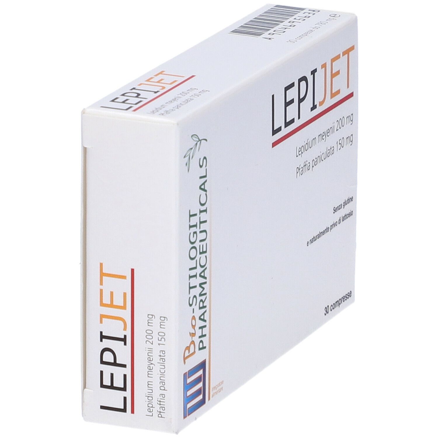 Scatola bianca con logo LEPIJET e informazioni sul prodotto. Contiene 30 compresse. Senza glutine e senza lattosio. Logo Bio-Stilogit Pharmaceuticals.