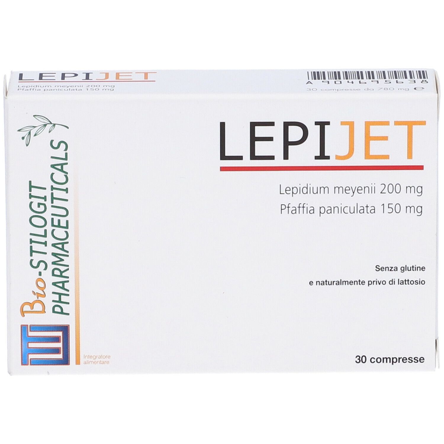 Scatola bianca con logo LEPIJET e informazioni sul prodotto. Contiene 30 compresse. Senza glutine e senza lattosio. Logo Bio-Stilogit Pharmaceuticals.