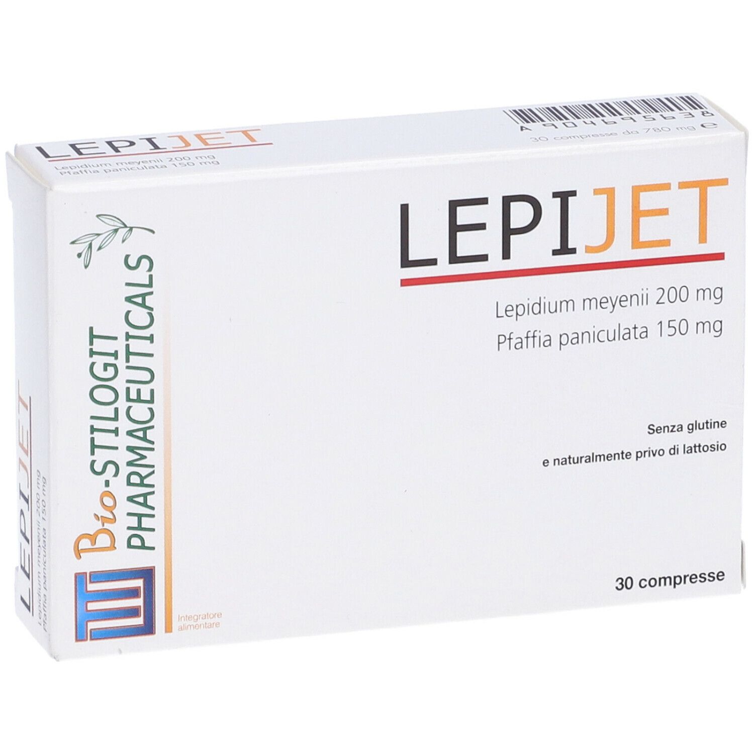 Scatola bianca con logo LEPIJET e informazioni sul prodotto. Contiene 30 compresse. Senza glutine e senza lattosio. Logo Bio-Stilogit Pharmaceuticals.