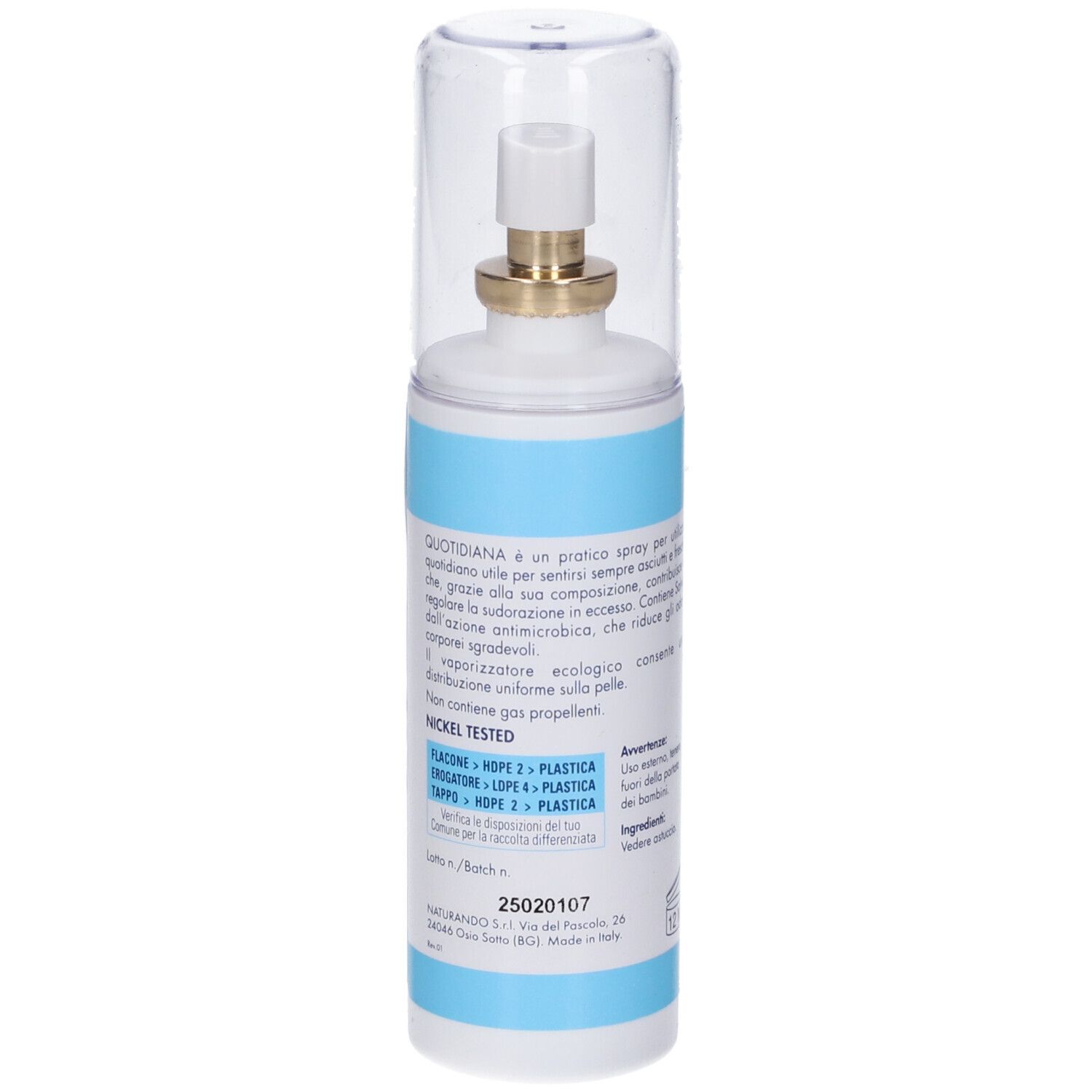Seitenansicht einer weißen Sprayflasche mit blauem Etikett. Enthält Produktinformationen und Recycling-Symbole.