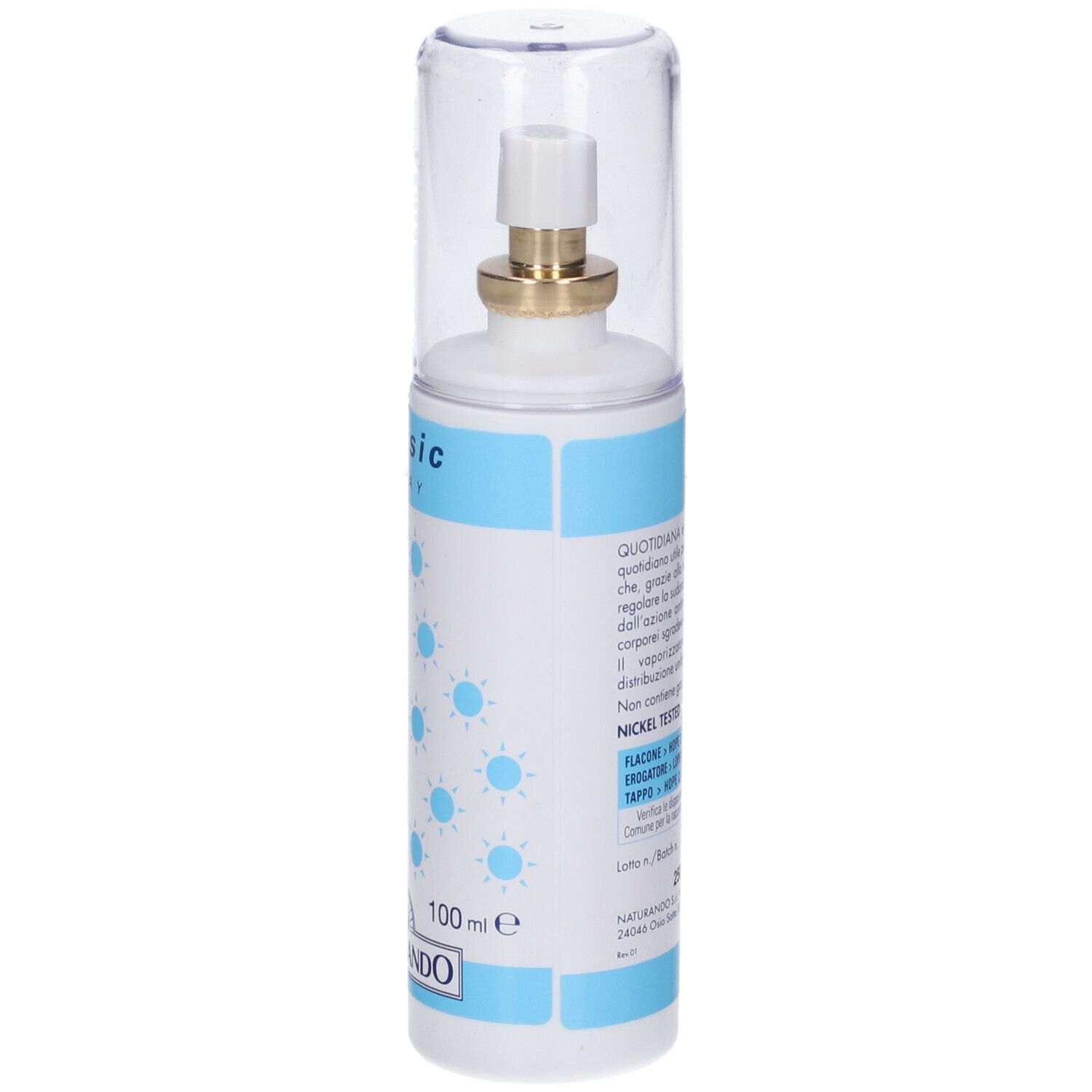 Vorderseite einer weißen Sprayflasche mit blauem Etikett. Zeigt 'QUOTIDIANA antiodorante', 'classic SPRAY' und '100ml'.