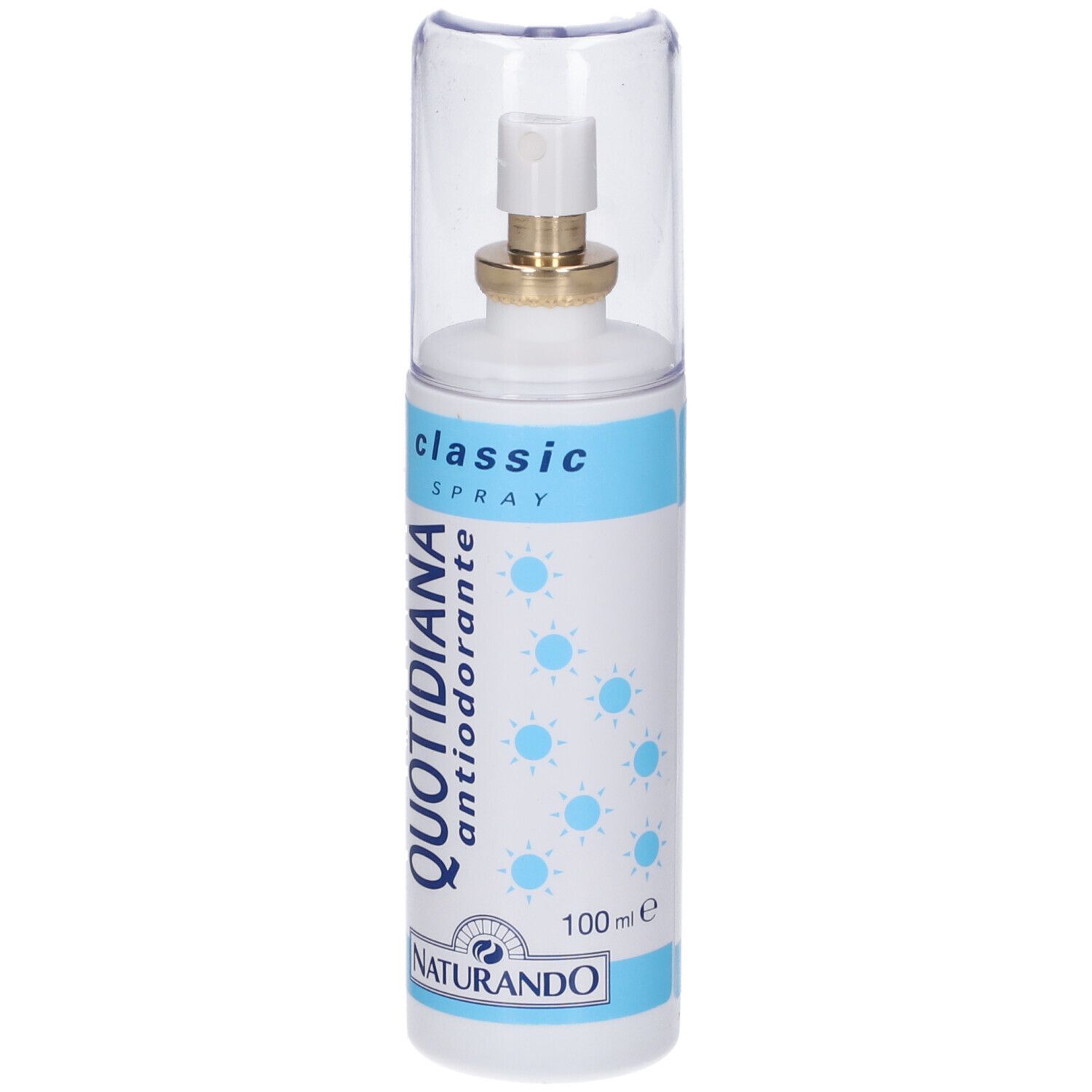 Weiße Sprayflasche mit blauem Etikett, 'QUOTIDIANA antiodorante' und 'classic SPRAY'.
