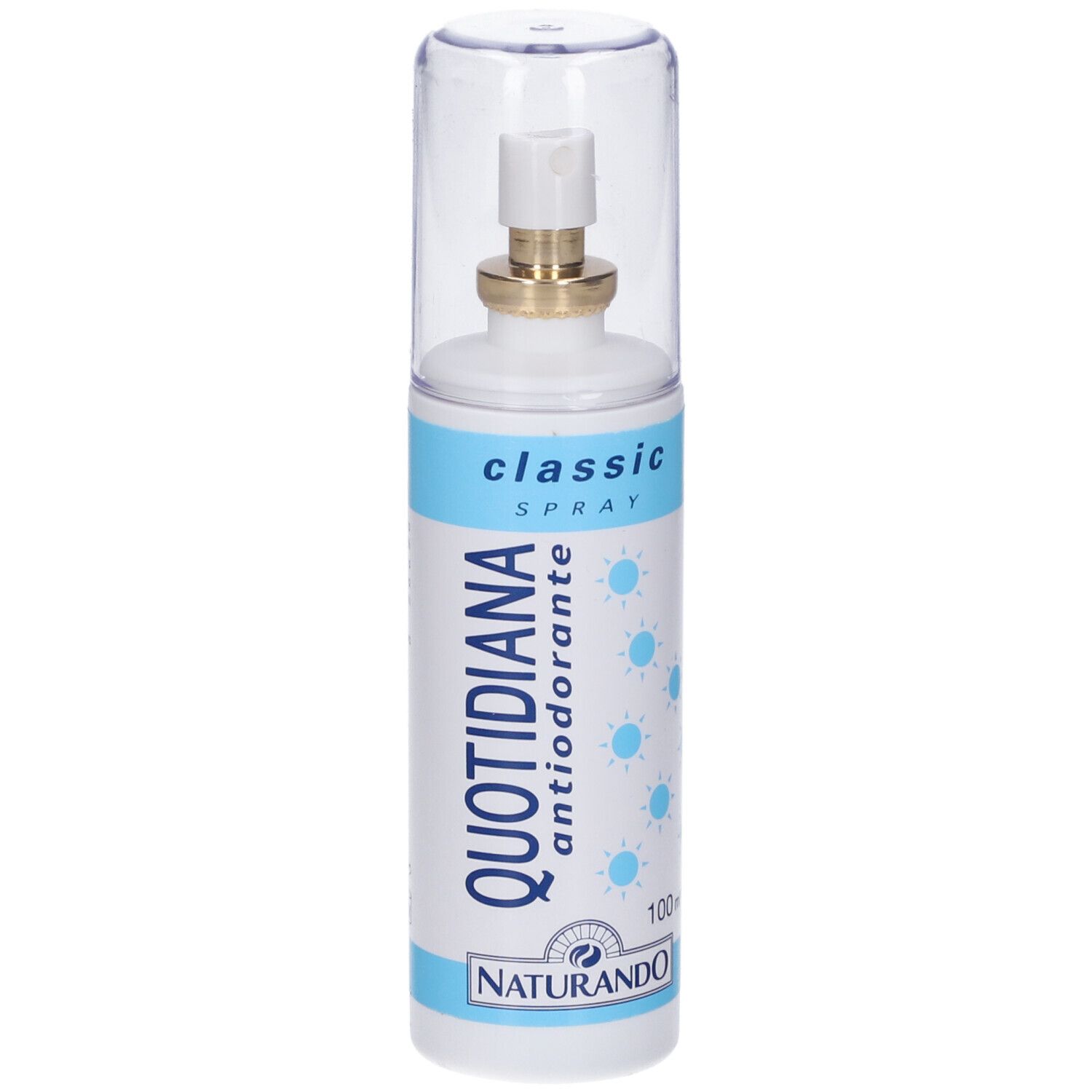 Weiße Sprayflasche mit blauem Etikett, 'QUOTIDIANA antiodorante' und 'classic SPRAY'.