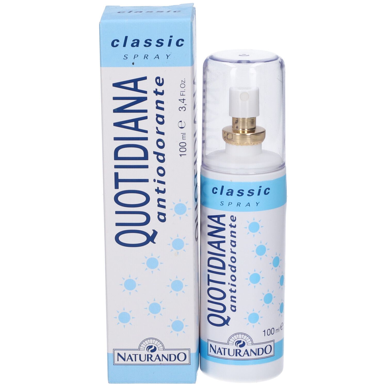 Quotidiana Antiodorante Spray und seine Verpackungsschachtel. Beide mit blauem Etikett und 'classic SPRAY'.