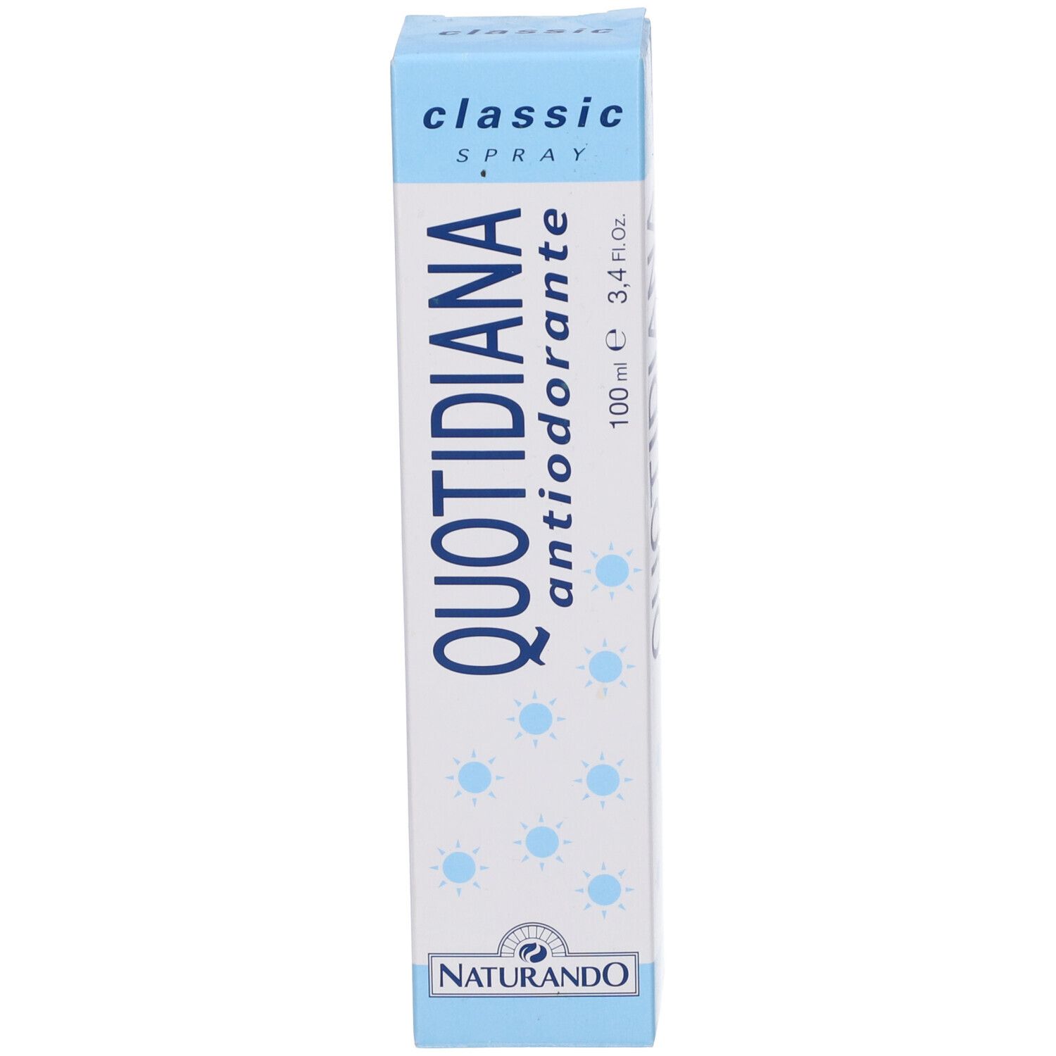 Verpackungsschachtel für Quotidiana Antiodorante Spray. Zeigt 'classic SPRAY' und '100 ml 3,4 Fl.Oz.'.
