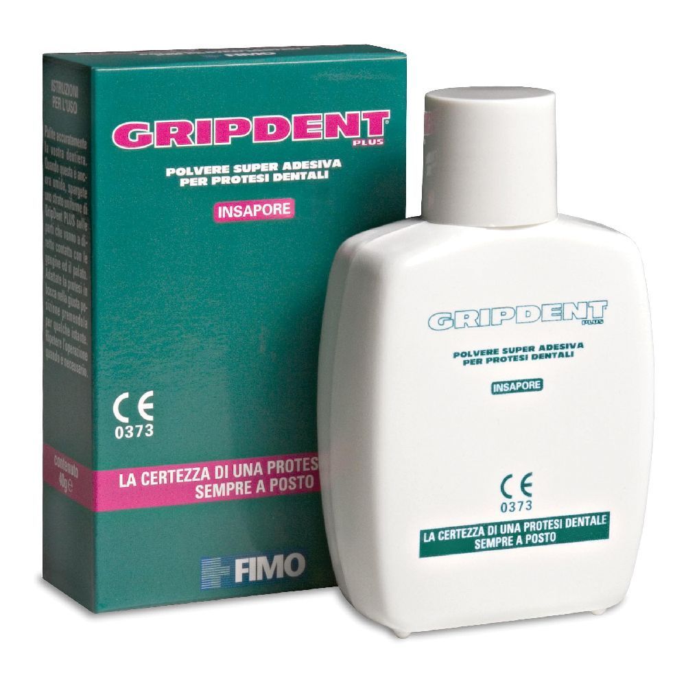 Flacone e scatola Gripdent Plus. Scritta « Polvere Super Adesiva Per Protesi Dentali ». Marchio CE.