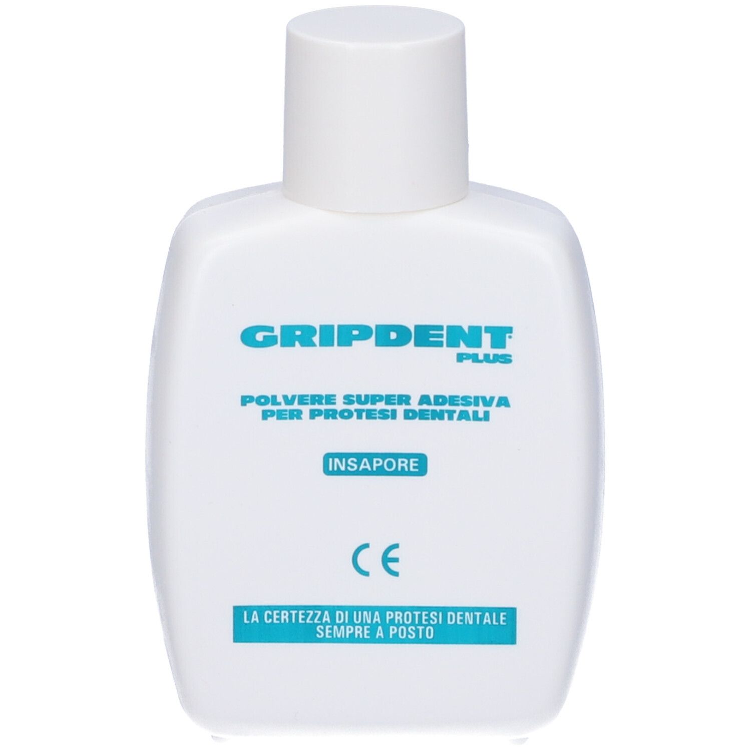 Flacone bianco con scritta Gripdent Plus. Visibili anche « Polvere Super Adesiva Per Protesi Dentali » e « Insapore ». Marchio CE.