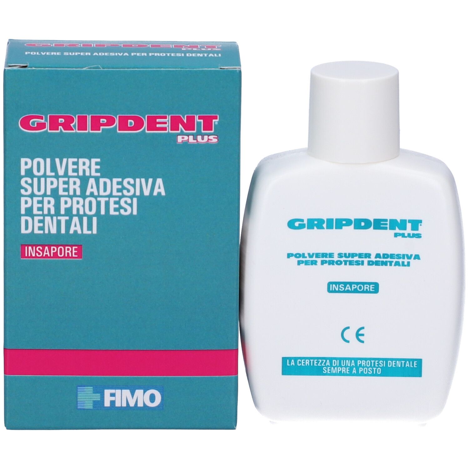 Flacone e scatola Gripdent Plus. Visibili « Polvere Super Adesiva Per Protesi Dentali » e logo FIMO. Marchio CE.