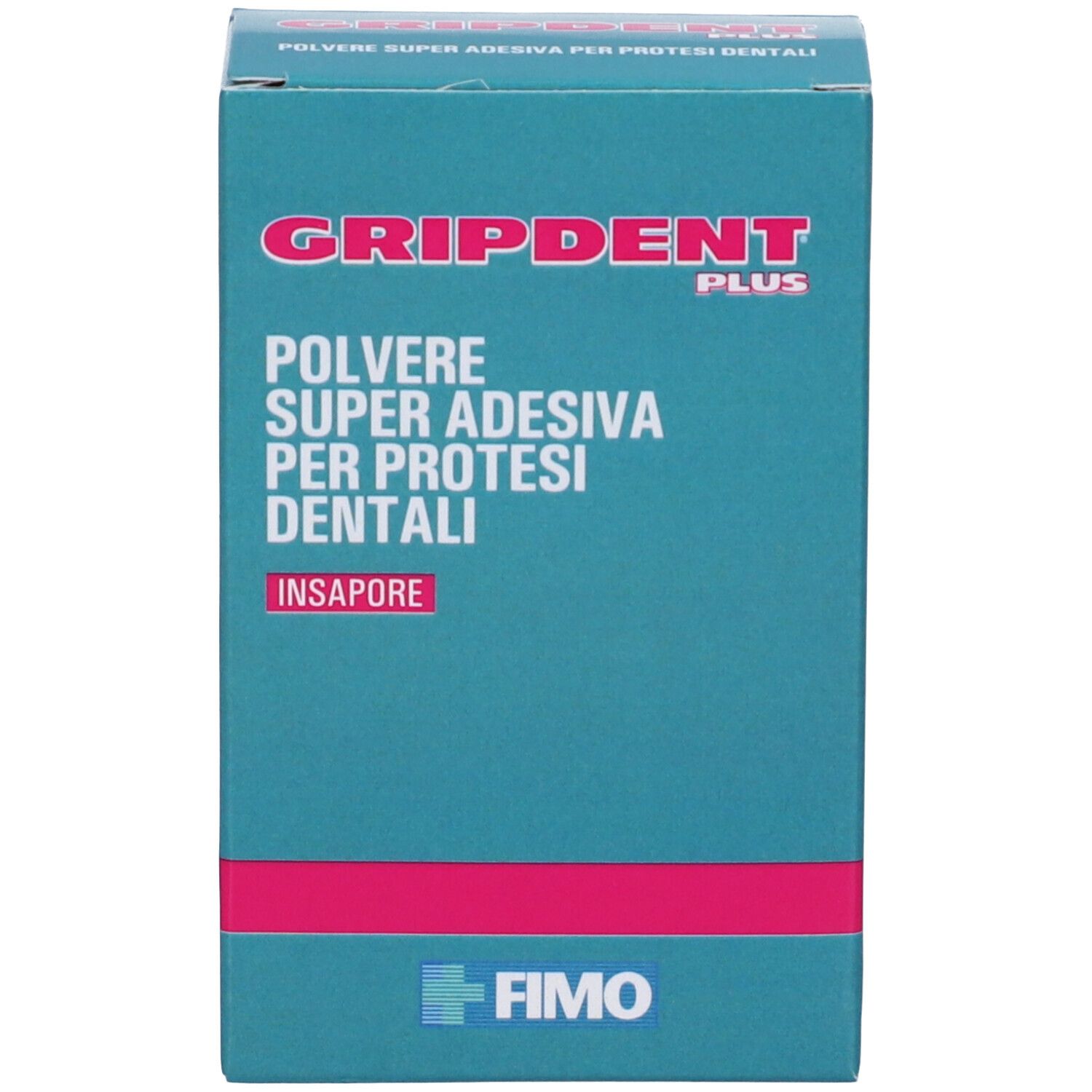 Scatola turchese con scritta Gripdent Plus. Visibili « Polvere Super Adesiva Per Protesi Dentali » e logo FIMO.