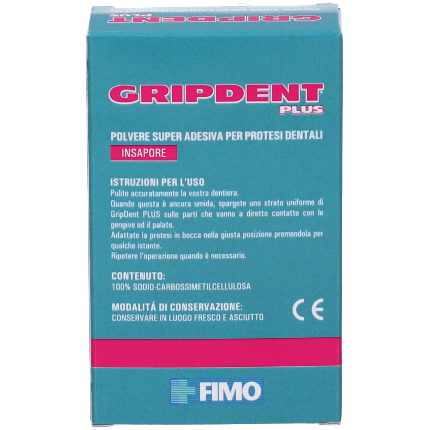 Scatola turchese con scritta Gripdent Plus. Visibili « Polvere Super Adesiva Per Protesi Dentali » e logo FIMO. Marchio CE.