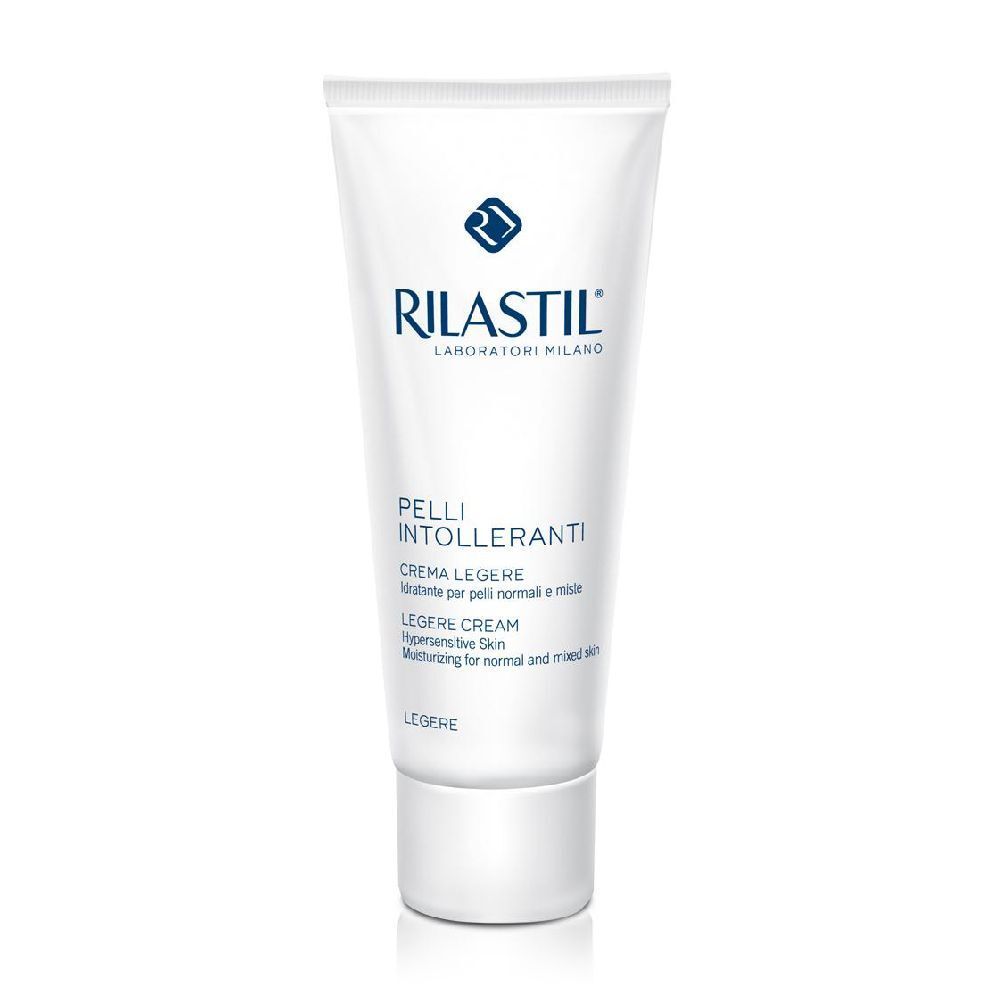 Tubo bianco Rilastil. Scritta: Pelli Intolleranti Legere Cream. Per pelli sensibili. Logo blu e bianco.
