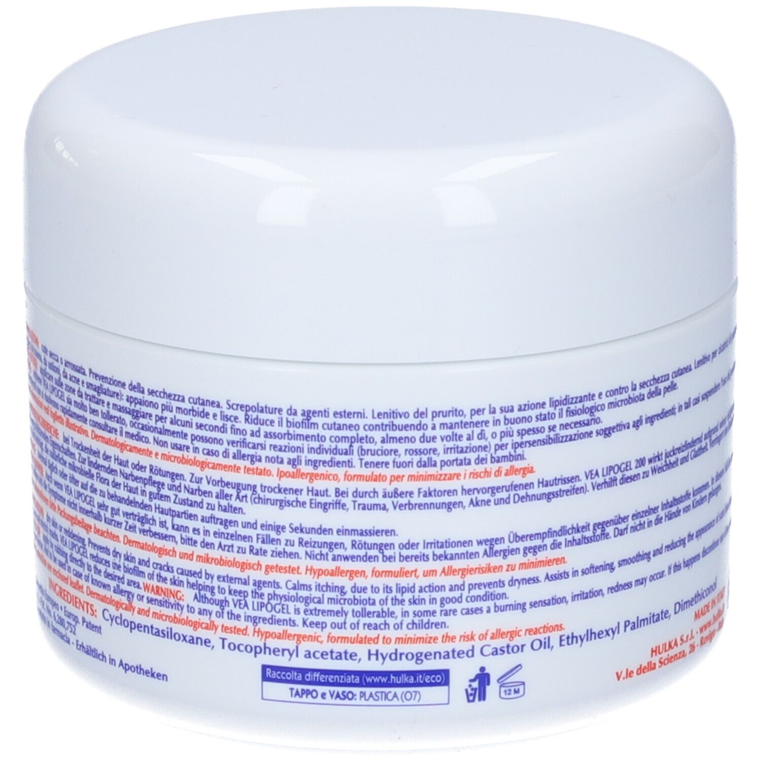 Vasetto bianco con coperchio. Retro con testo. Nome e logo del prodotto in arancione. 200 ml.