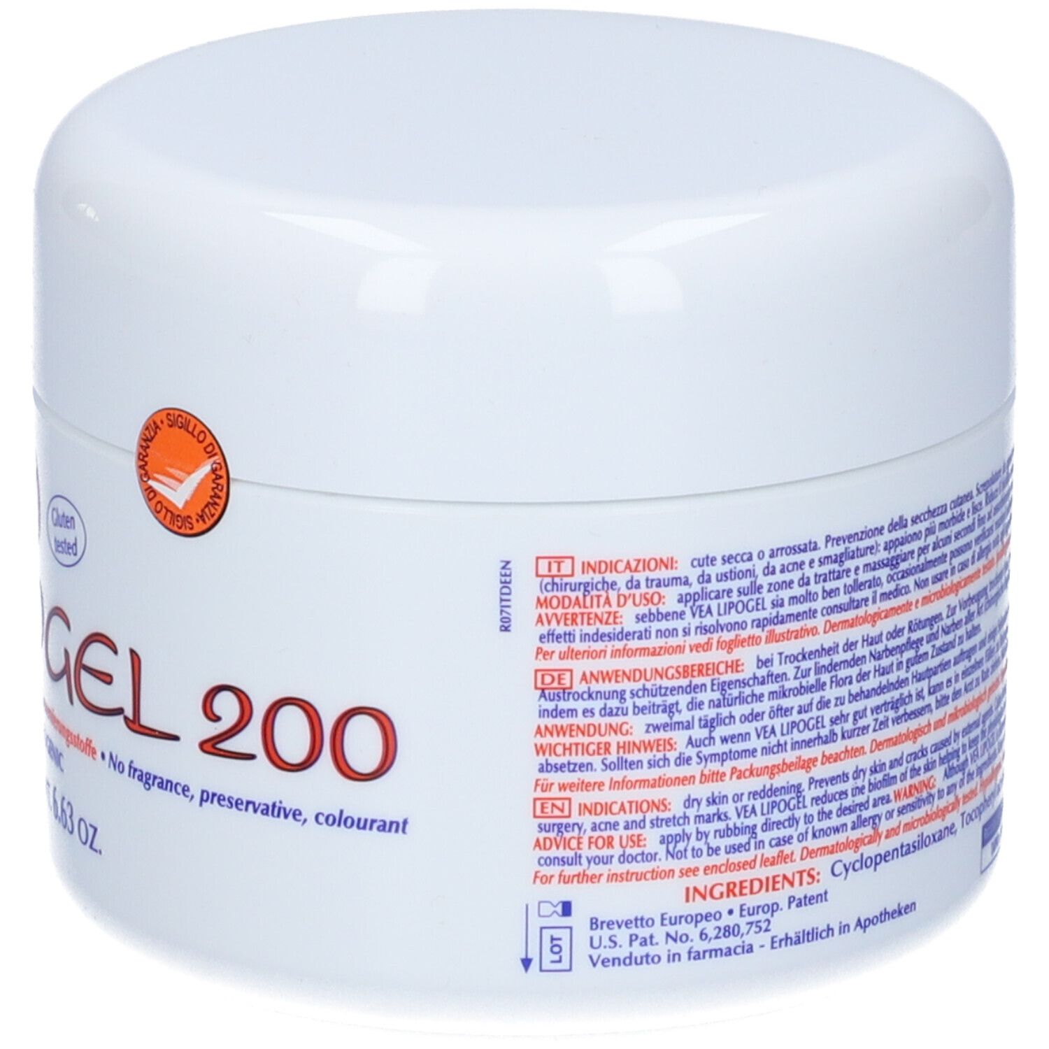 Vasetto bianco con coperchio. Nome e logo del prodotto in arancione. Contiene informazioni e certificazioni. 200 ml.