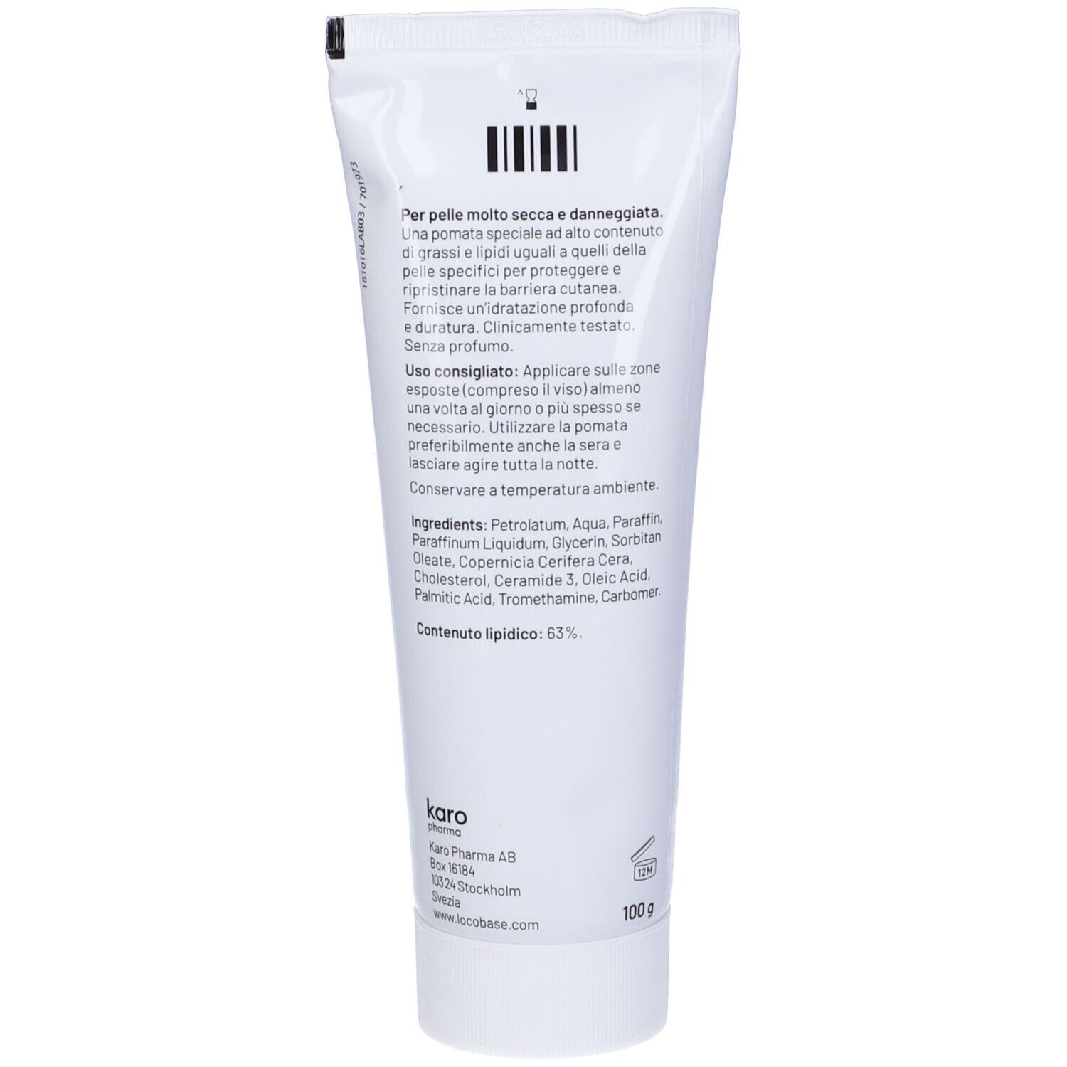 Rückseite der Locobase Repair Creme-Tube. Enthält Inhaltsstoffe, Gebrauchsanweisung und Herstellerinformationen.