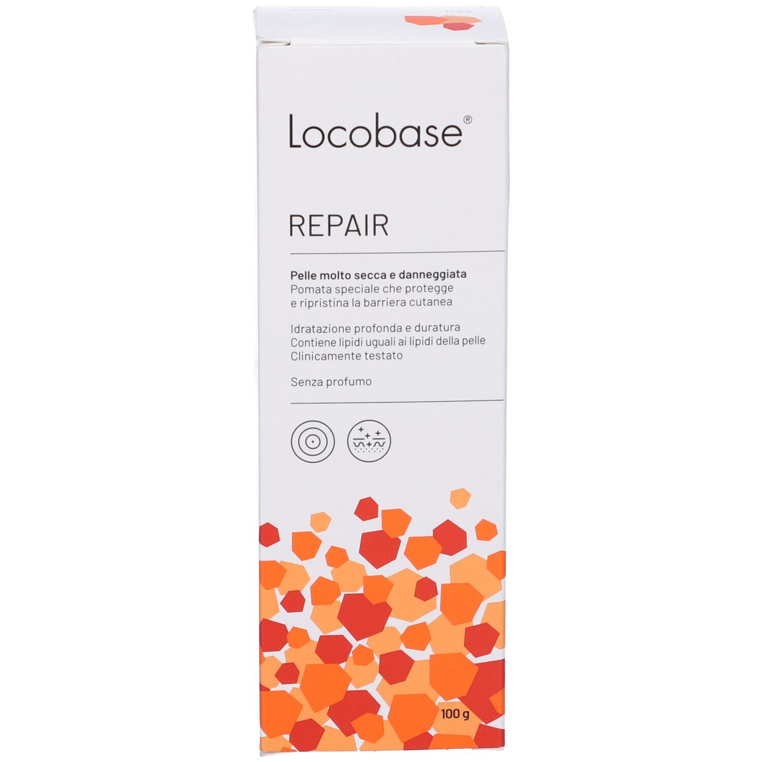 Locobase Repair Creme-Schachtel. Weiß, mit Text und orangefarbenen geometrischen Formen. Enthält Produktinformationen.