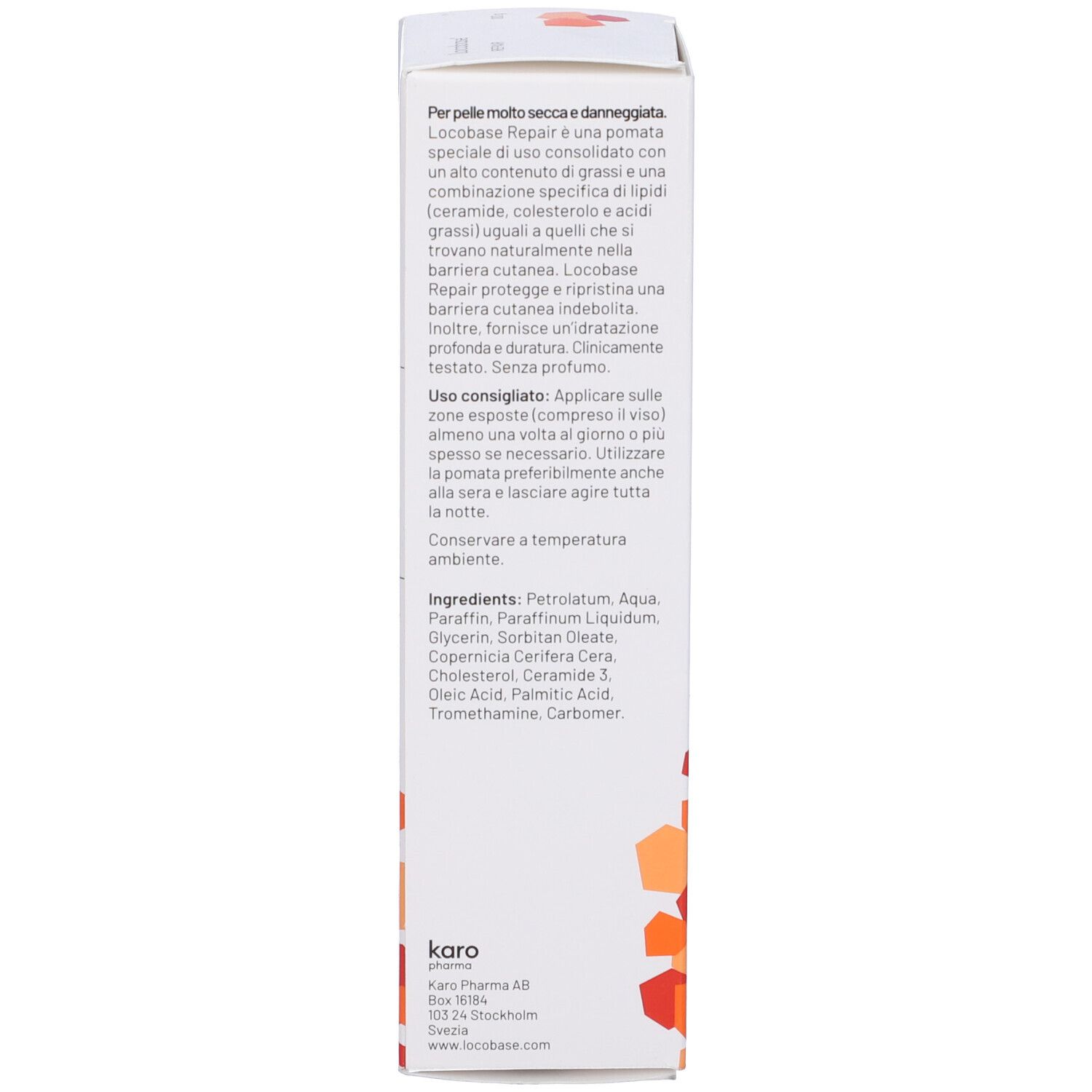 Seite der Locobase Repair Creme-Schachtel. Enthält Produktinformationen, Inhaltsstoffe und Herstellerdetails.